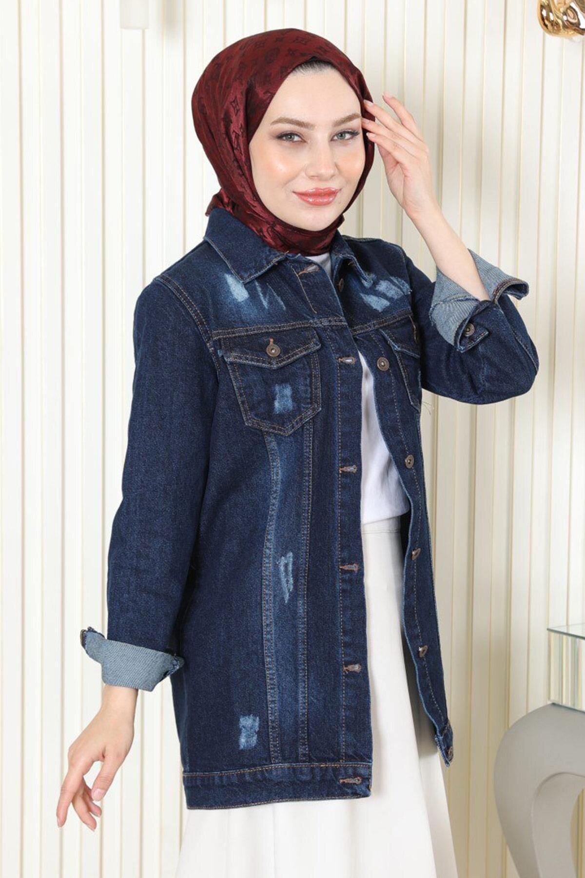 Denim Buttoned Jacket - Dark Blue - Modamihram