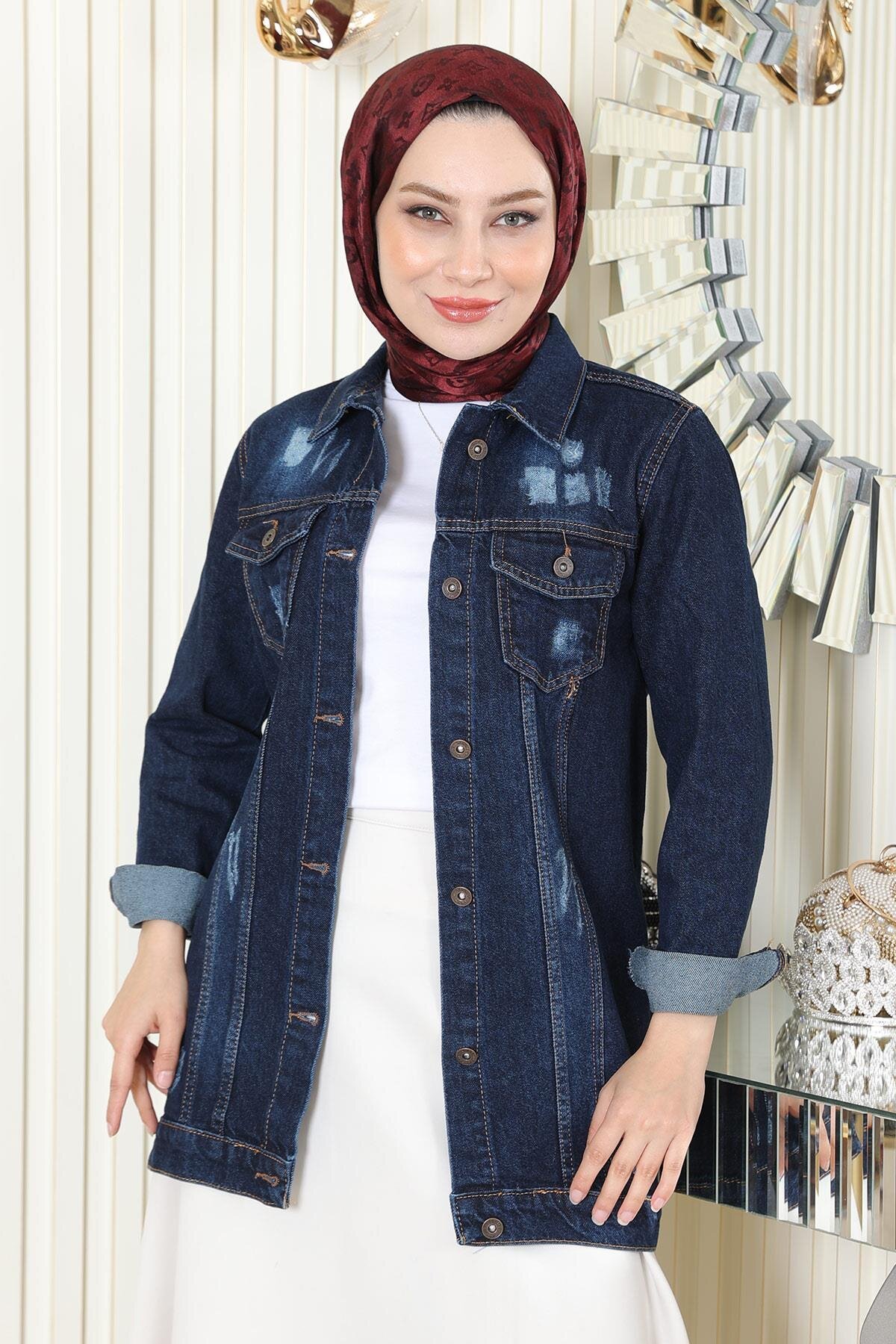 Denim Buttoned Jacket - Dark Blue - Modamihram