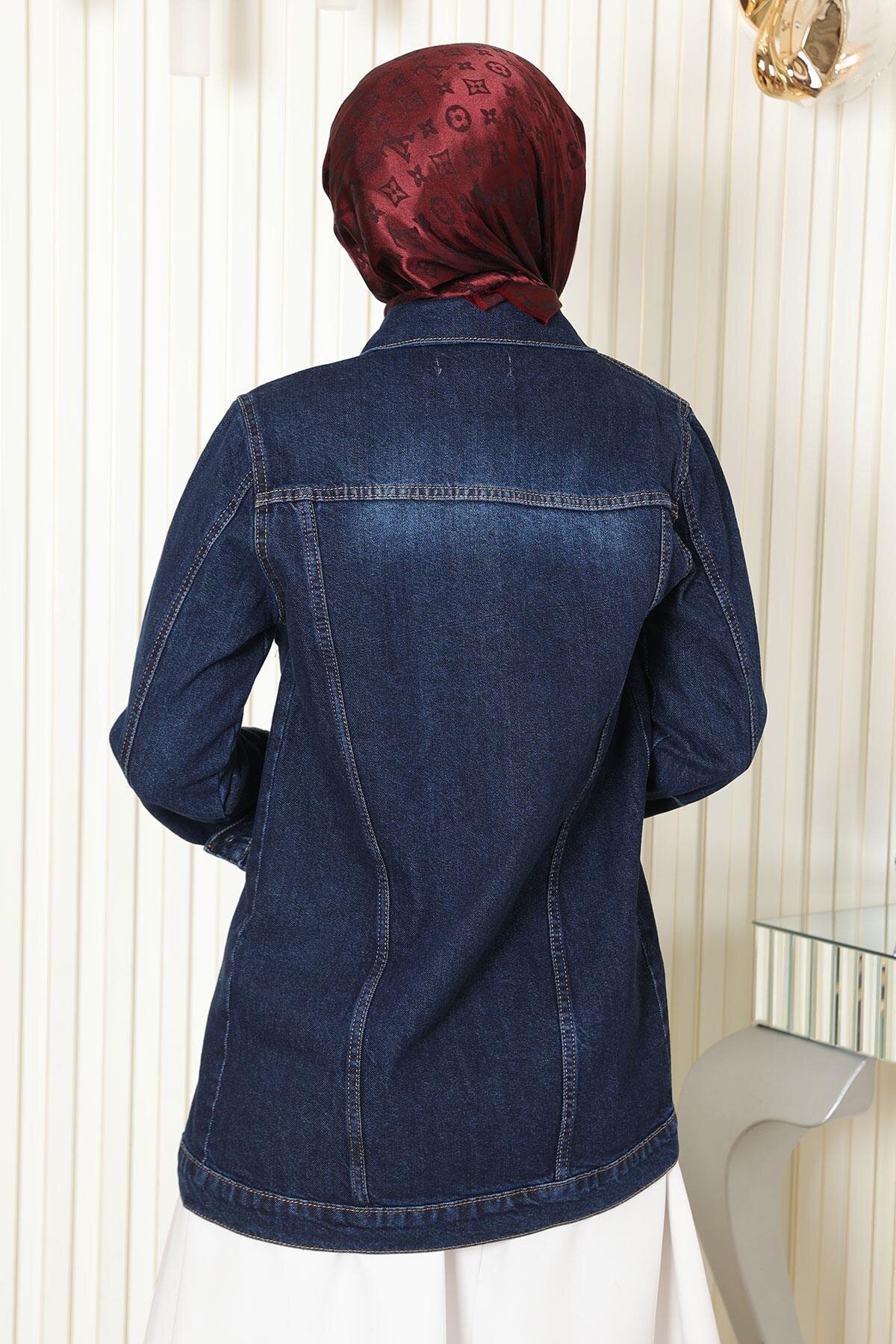 Denim Buttoned Jacket - Dark Blue - Modamihram