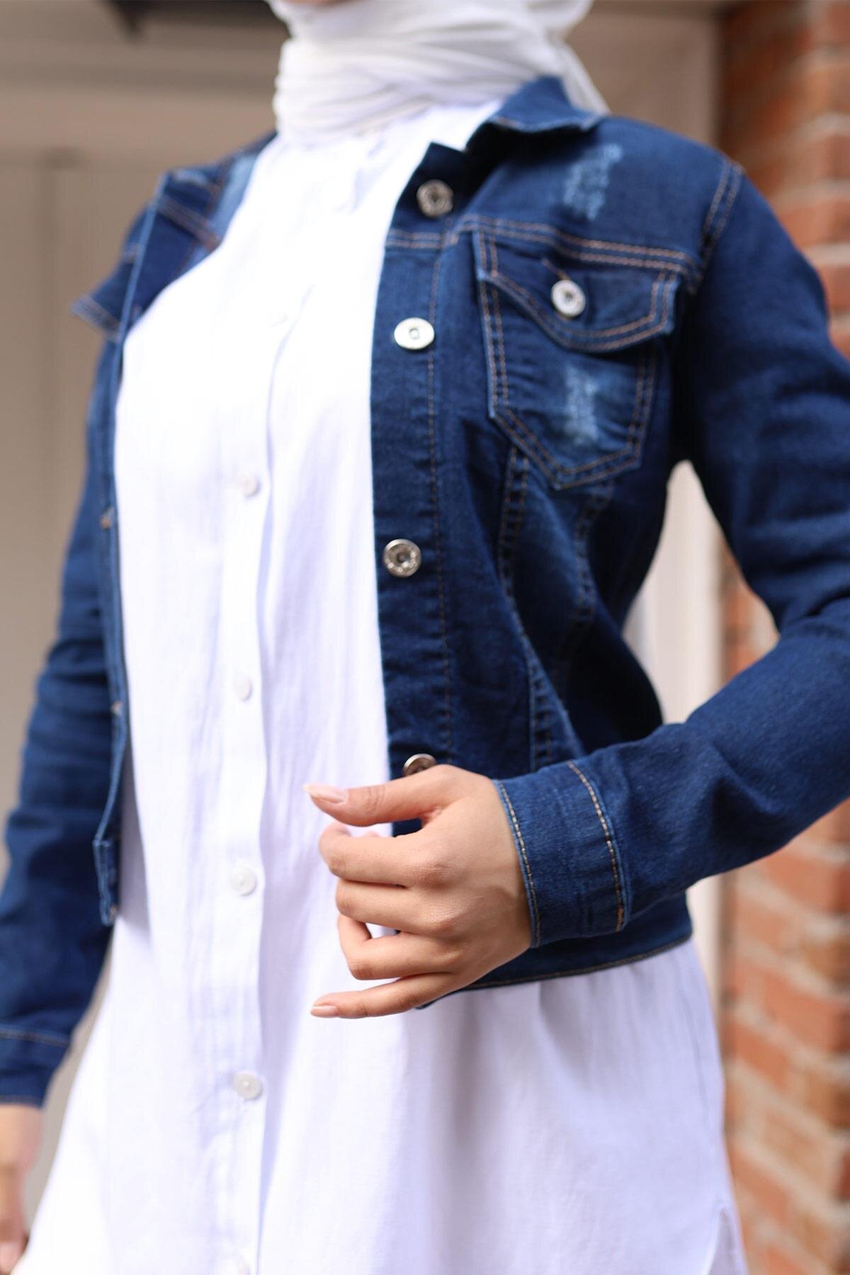 Denim Buttoned Jacket - Dark Blue - Modamihram