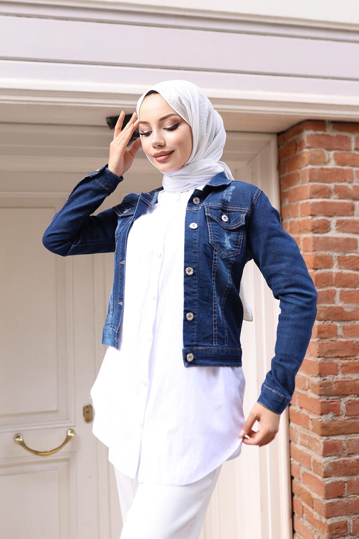 Denim Buttoned Jacket - Dark Blue - Modamihram