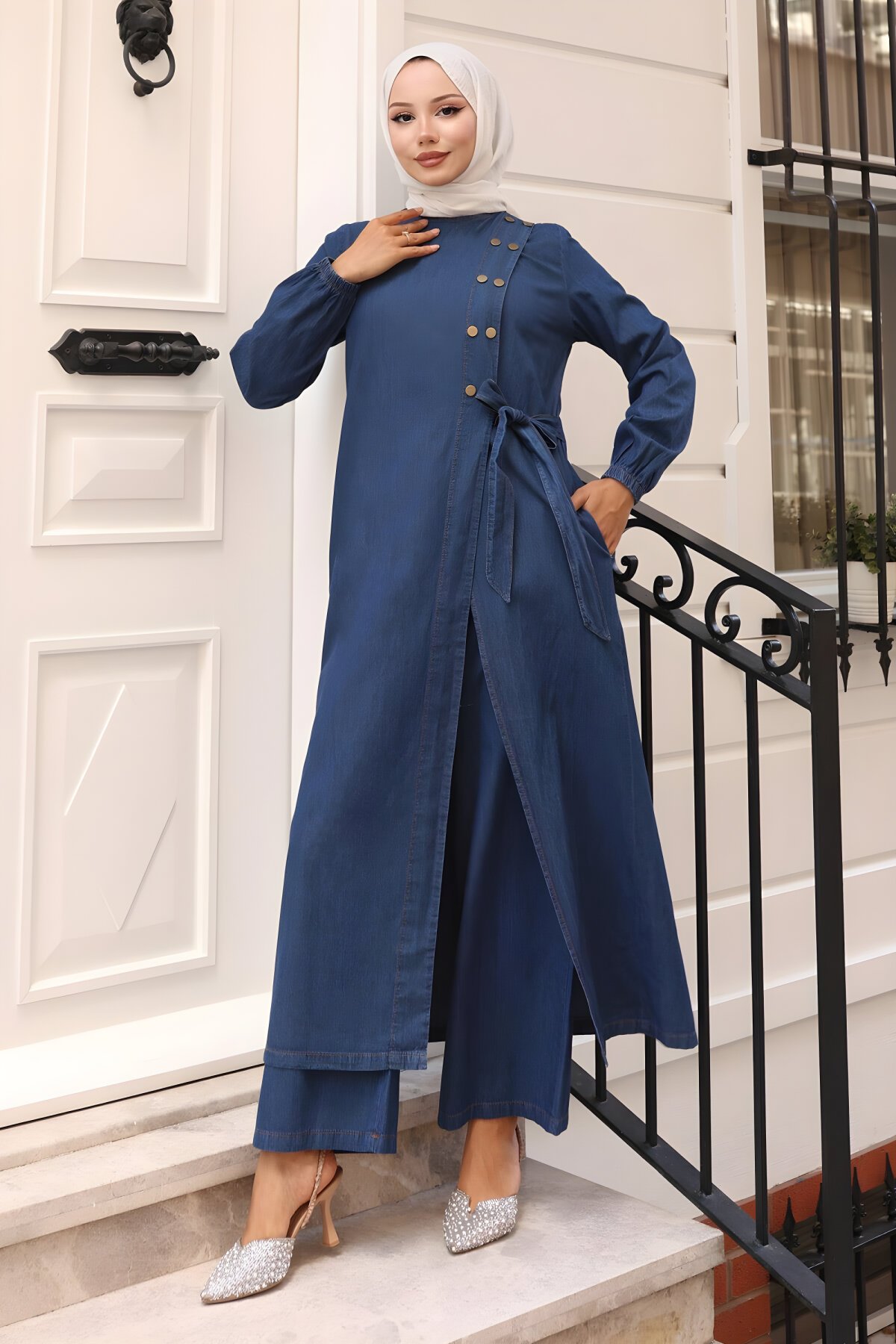 Two-Piece Denim Snap-Detail Set - Dark Blue - Modamihram