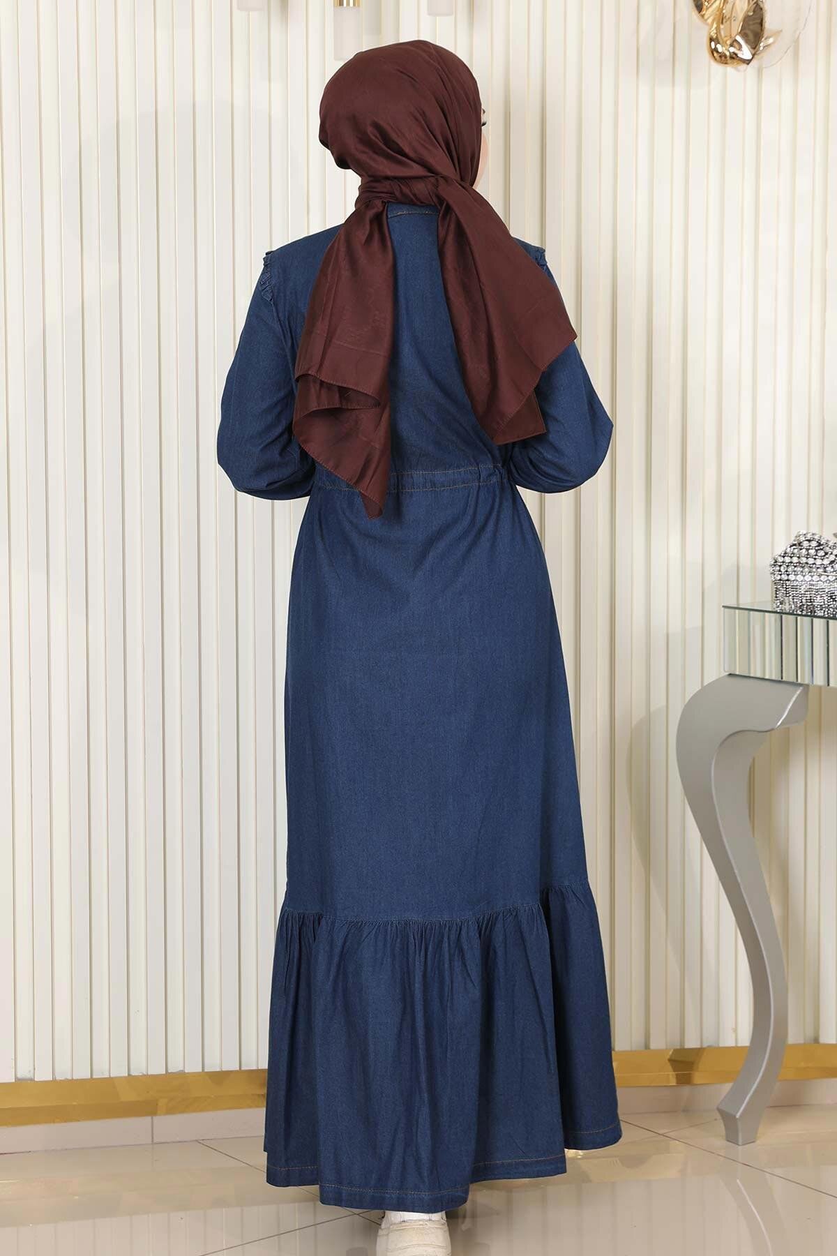 Koyu Mavi Kot Beli Bağcıklı Düğmeli Tesettür Elbise - Modamihram