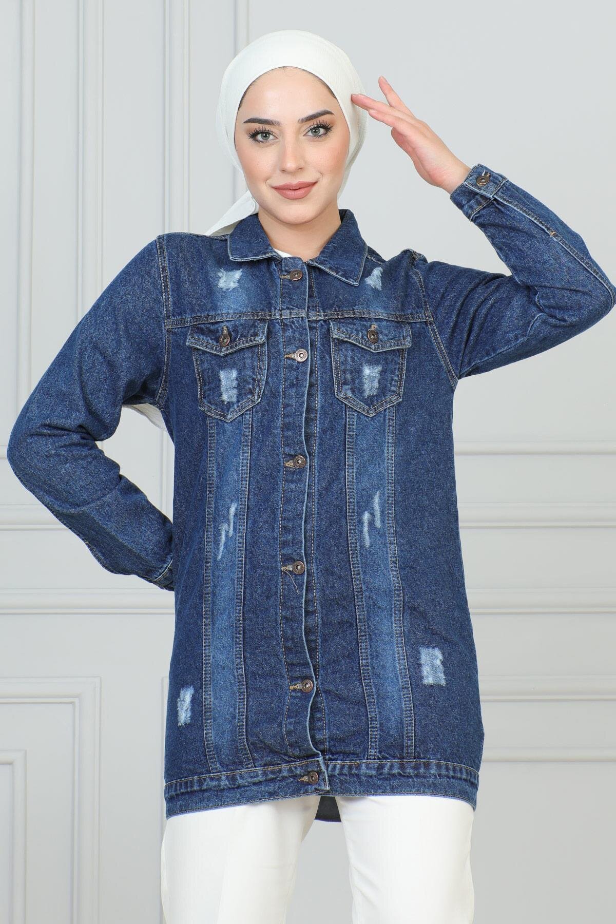 Denim Laser-Detail Pocket Jacket - Dark Blue - Modamihram