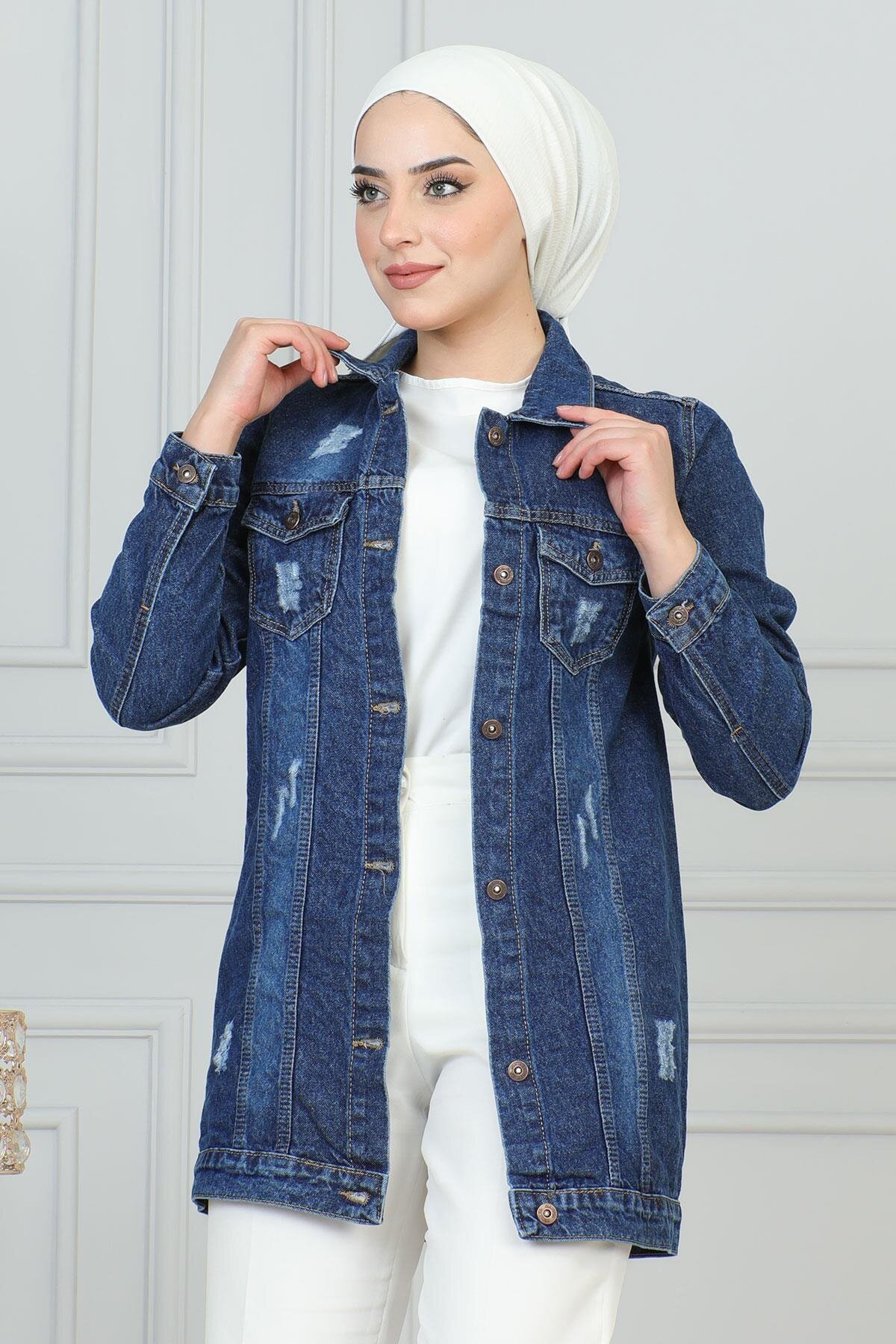 Denim Laser-Detail Pocket Jacket - Dark Blue - Modamihram