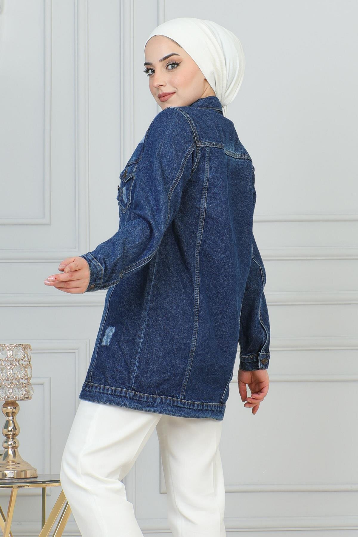 Denim Laser-Detail Pocket Jacket - Dark Blue - Modamihram