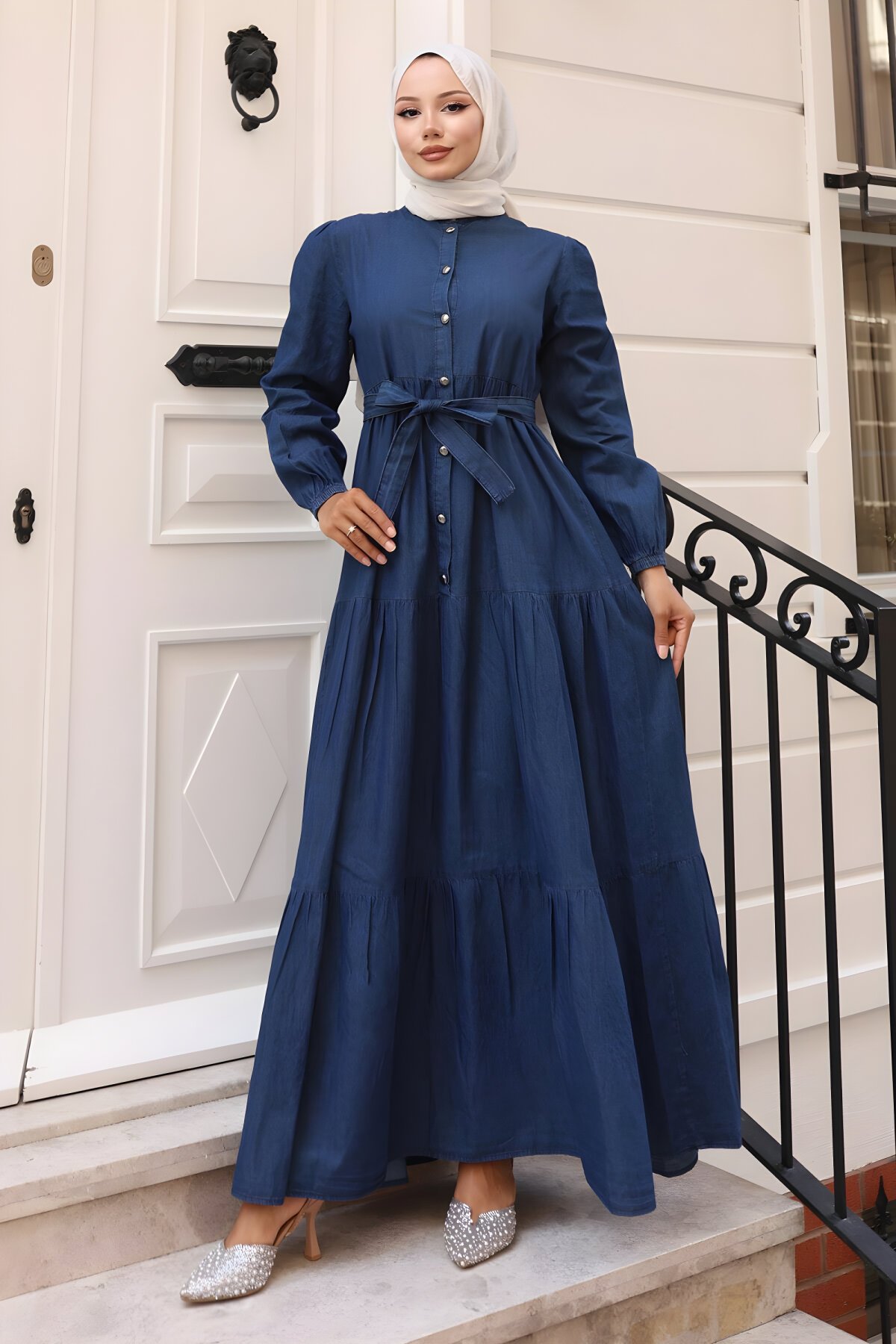 Denim Buttoned Modest Dress - Dark Blue - Modamihram