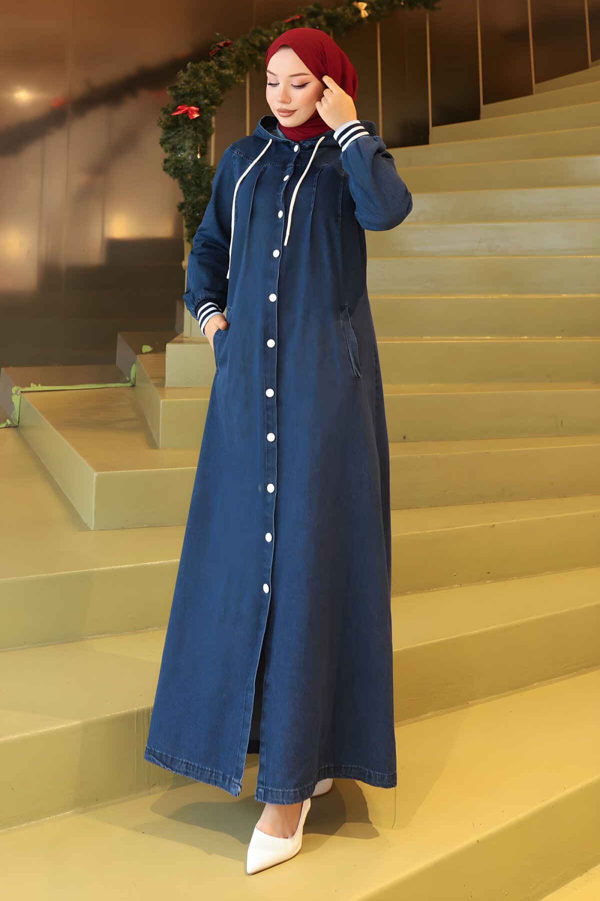 Denim Hooded Ribbed Ferace - Dark Blue - Modamihram