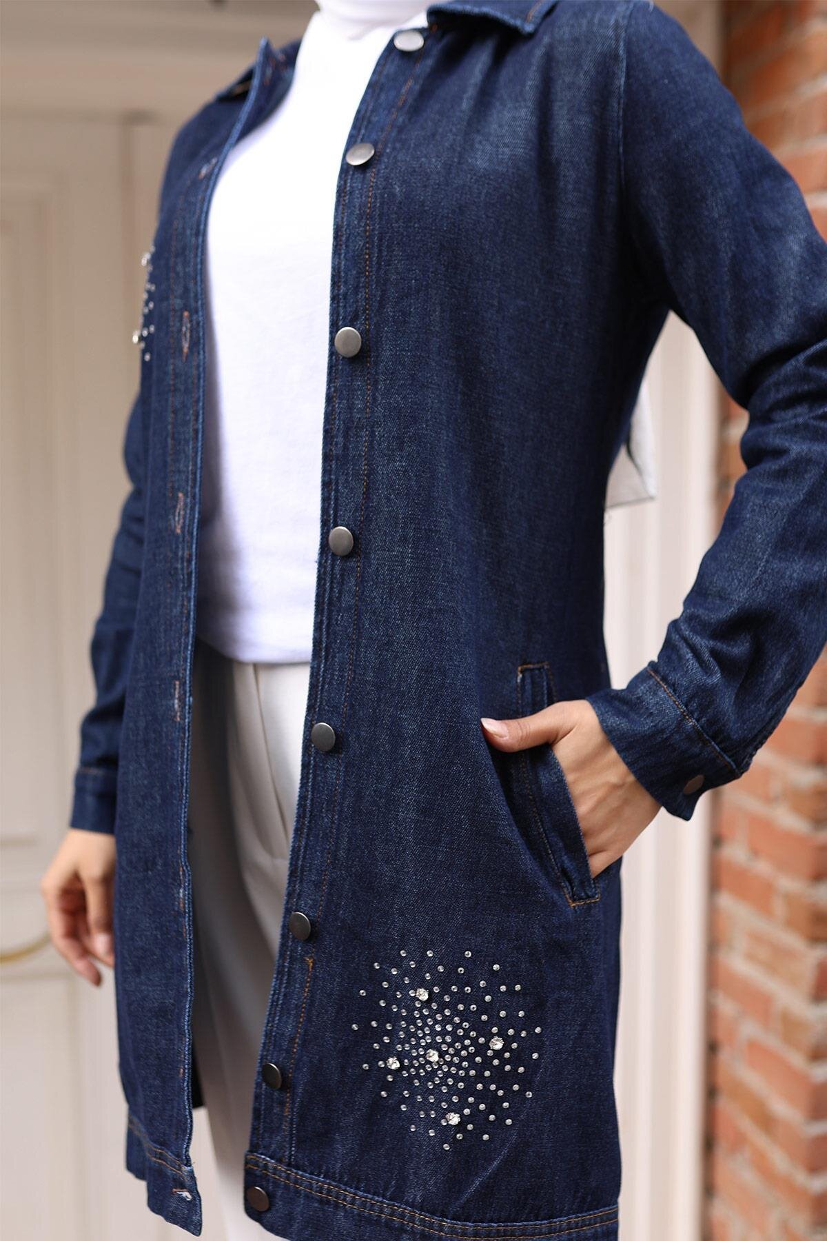 Denim Stone-Detail Modest Blouse - Dark Blue - Modamihram