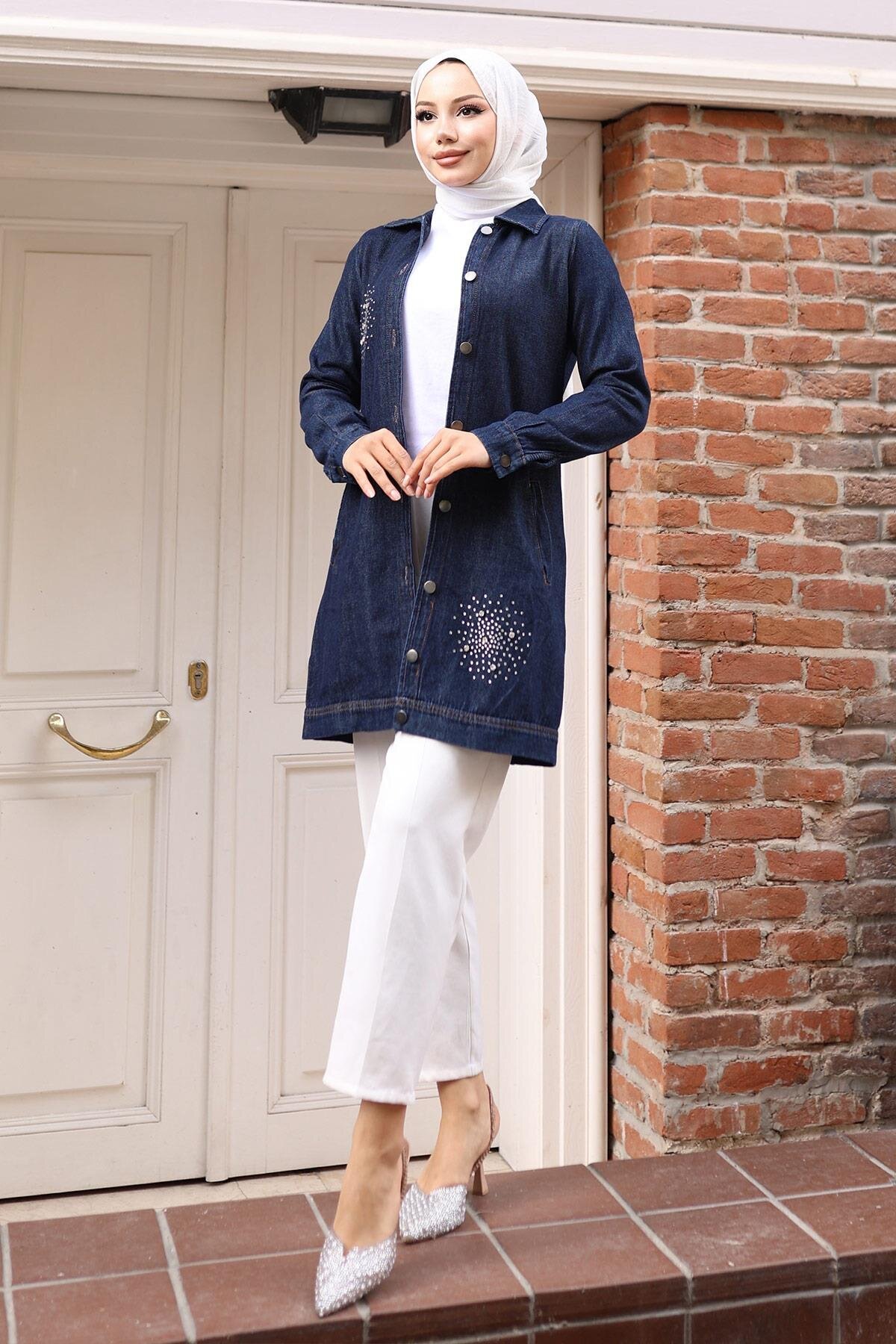 Denim Stone-Detail Modest Blouse - Dark Blue - Modamihram