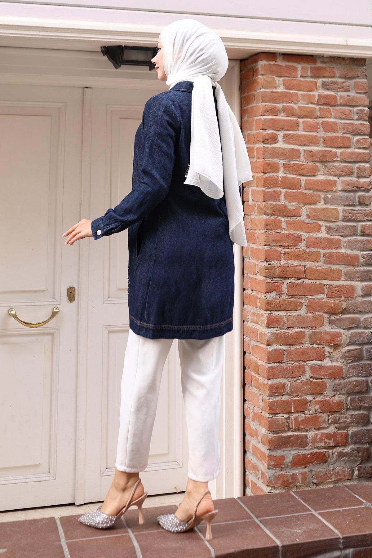 Denim Stone-Detail Modest Blouse - Dark Blue - Modamihram