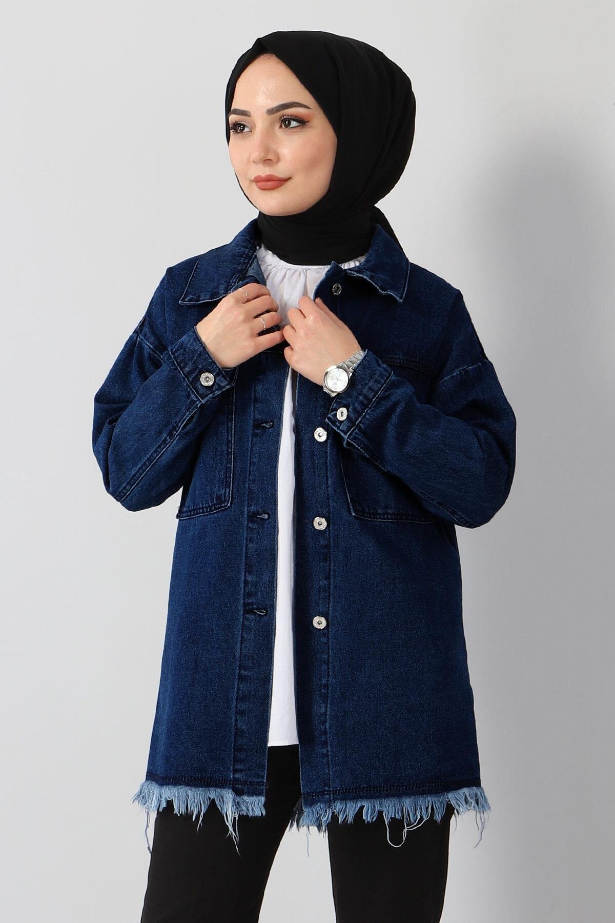 Denim Fringed-Detail Jacket - Navy Blue - Modamihram