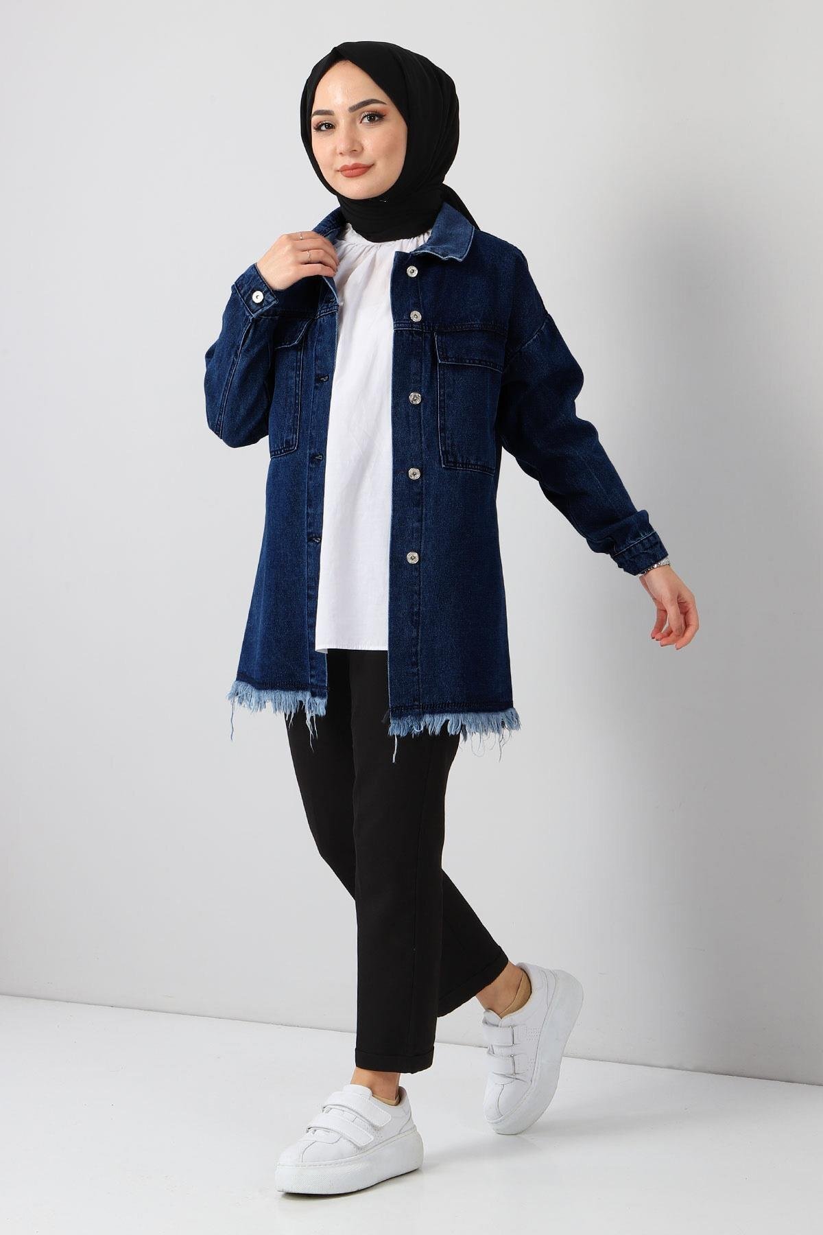 Denim Fringed-Detail Jacket - Navy Blue - Modamihram