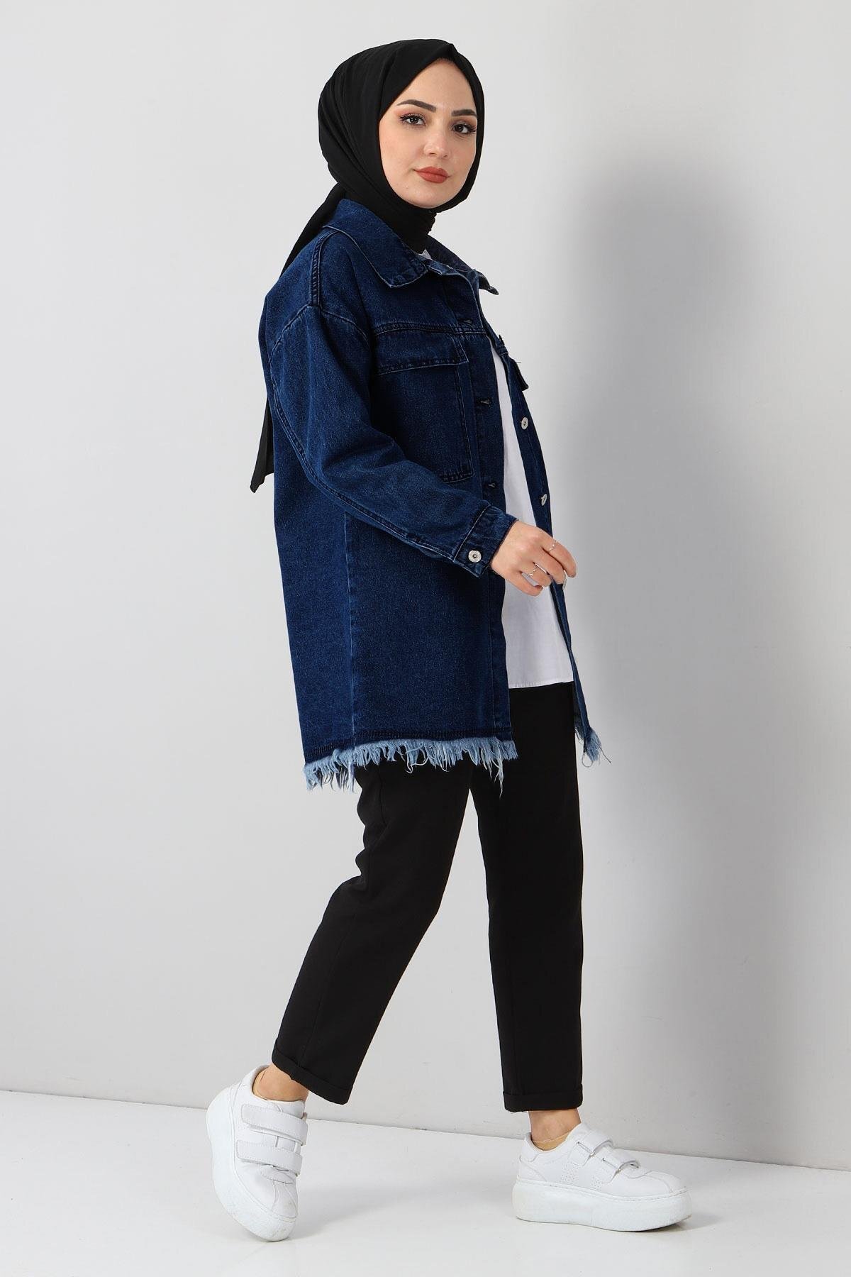 Denim Fringed-Detail Jacket - Navy Blue - Modamihram