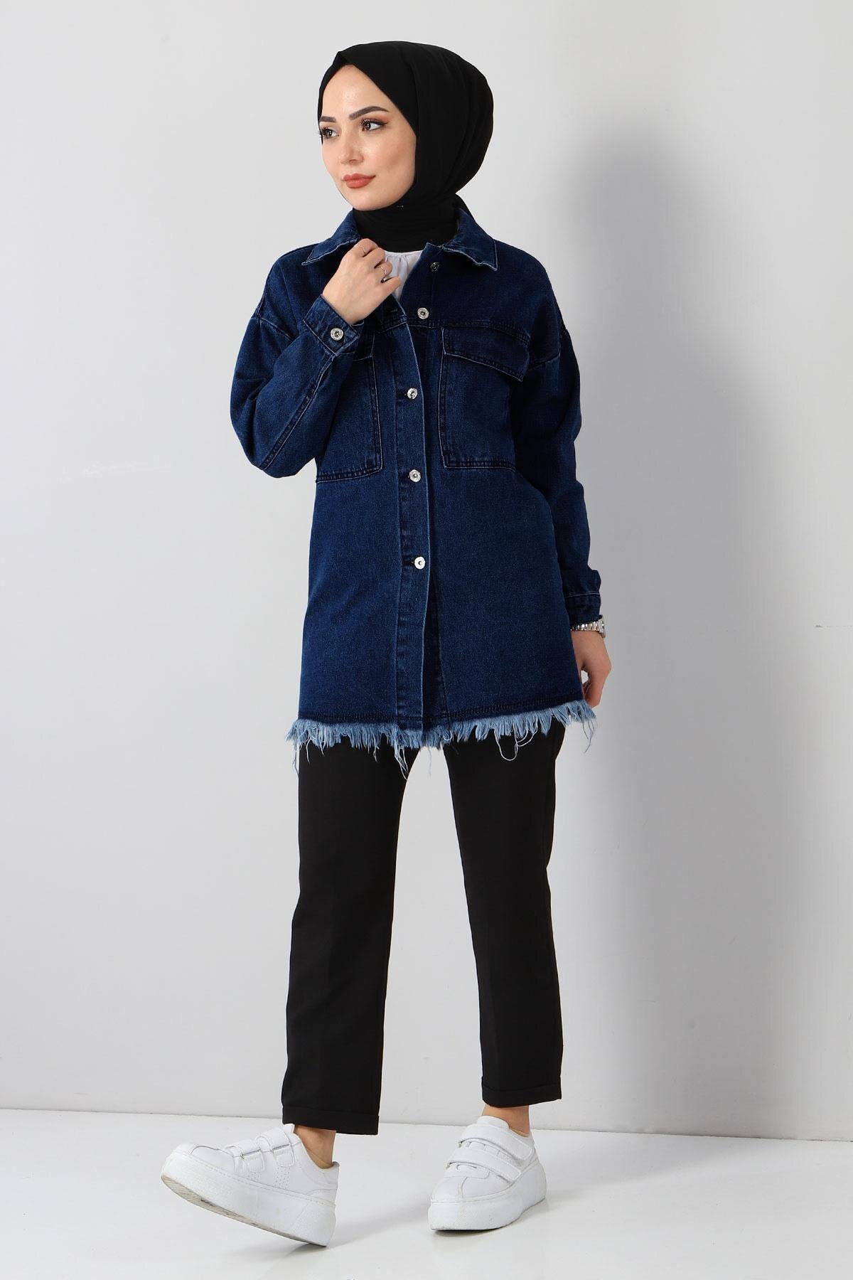 Denim Fringed-Detail Jacket - Navy Blue - Modamihram