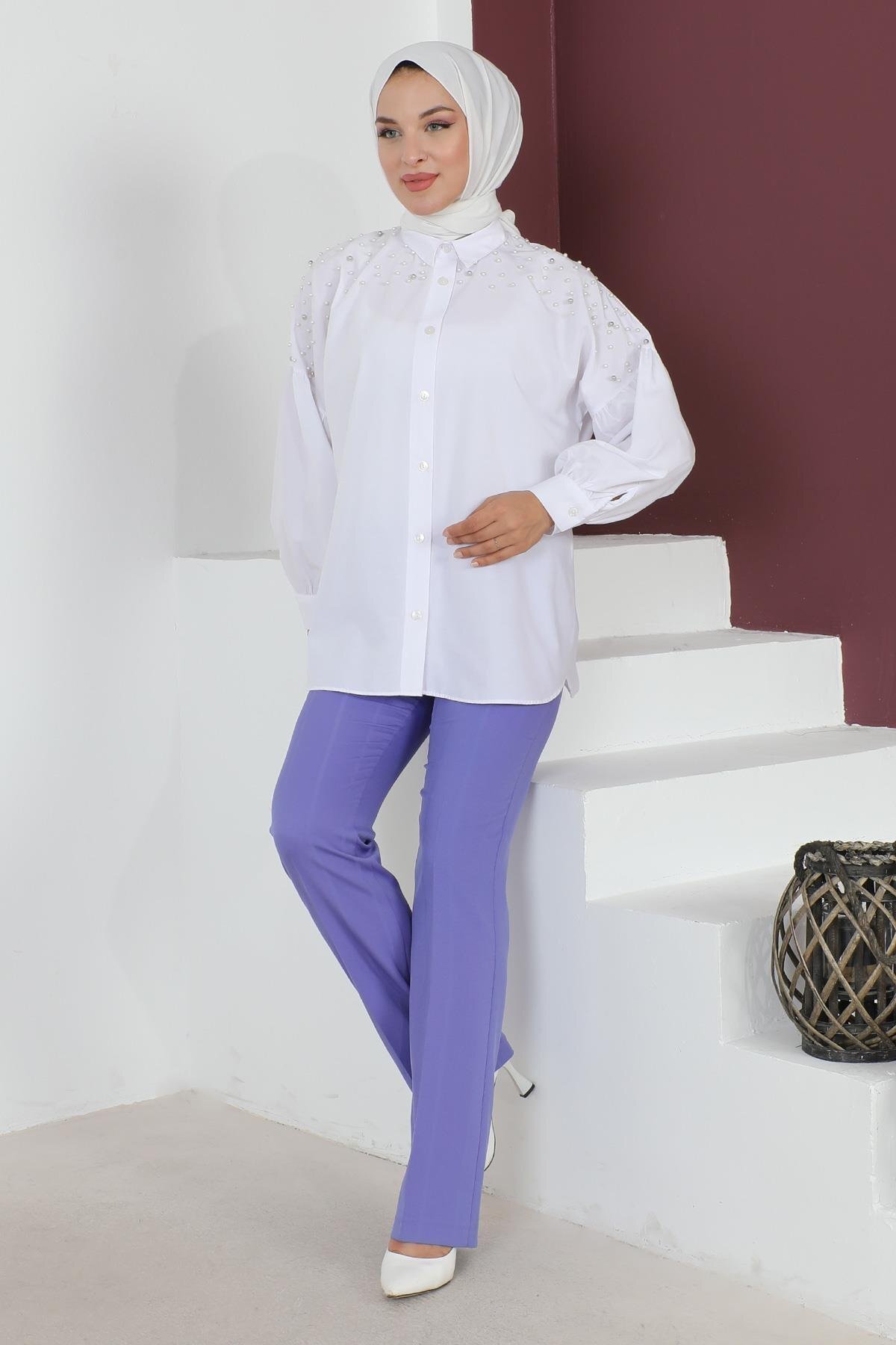 Lila Çizgi Detaylı Pantolon - Modamihram