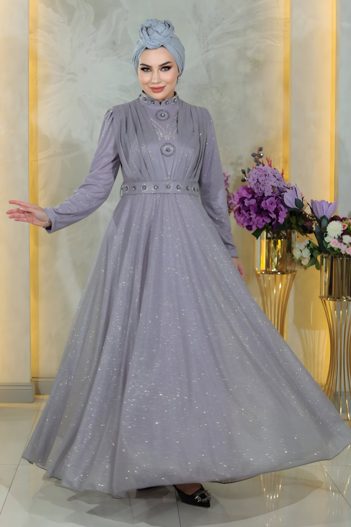 Lila Simli Şifon Drapeli Taş Detaylı Tesettür Abiye Elbise - Modamihram