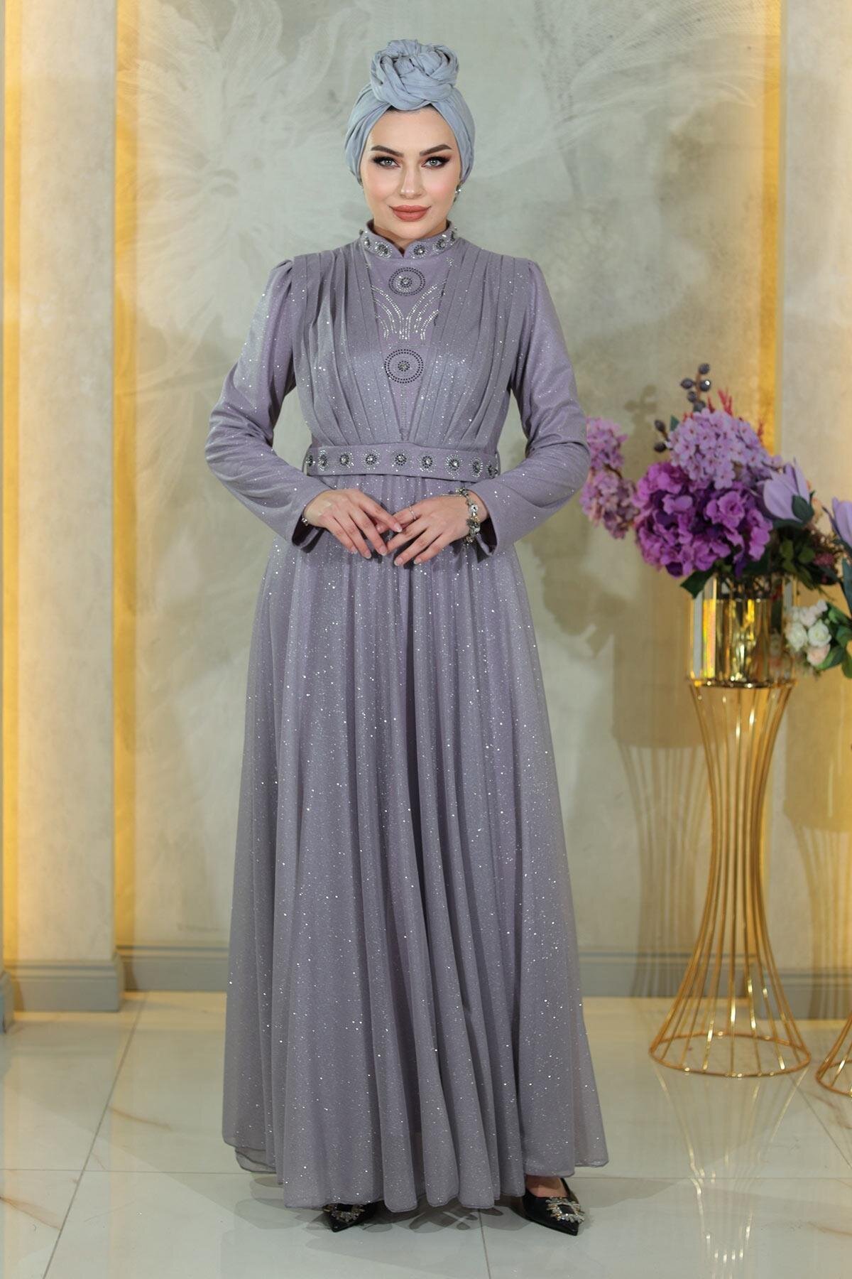 Draped Shimmering Chiffon Stone Detail Modest Evening Dress - Lilac - Modamihram