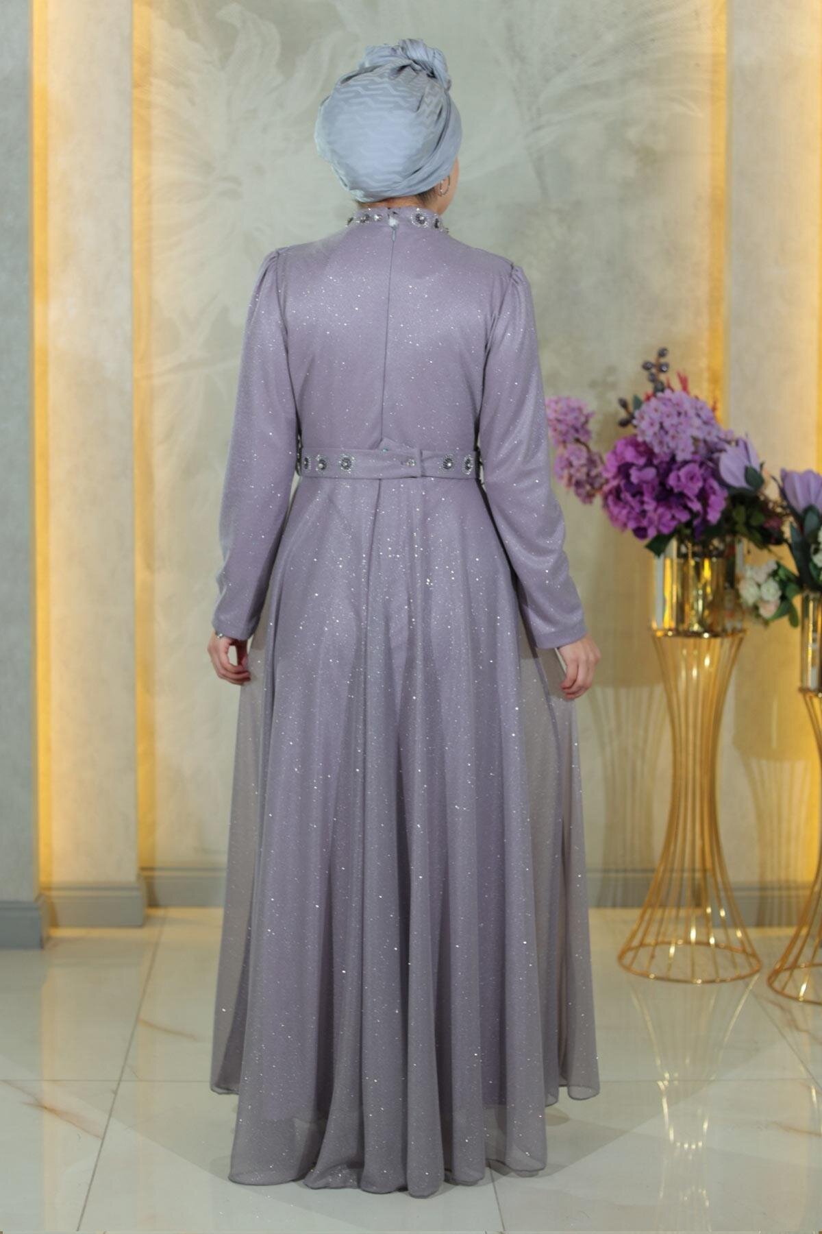 Draped Shimmering Chiffon Stone Detail Modest Evening Dress - Lilac - Modamihram