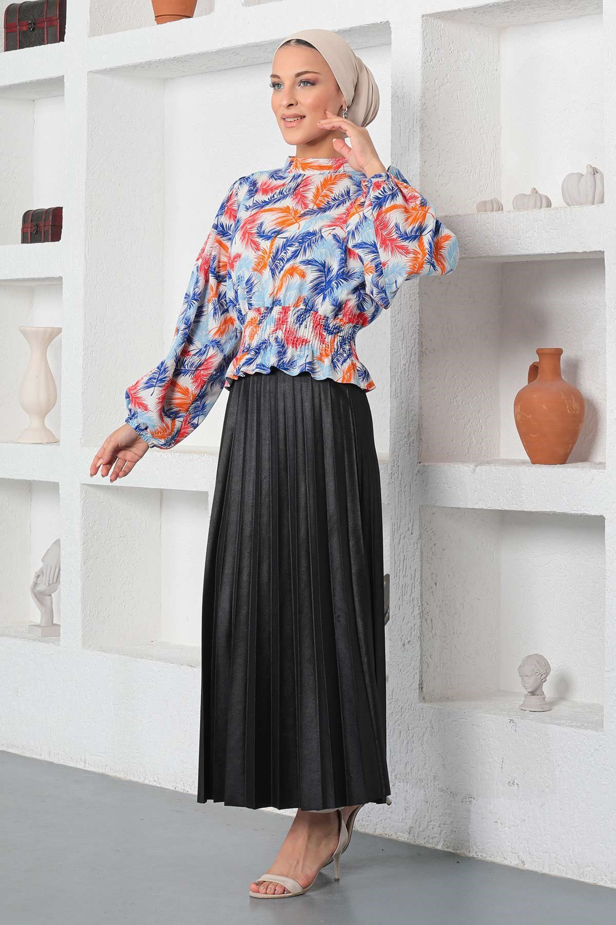 Modest Patterned Elasticated Blouse - Blue - Modamihram