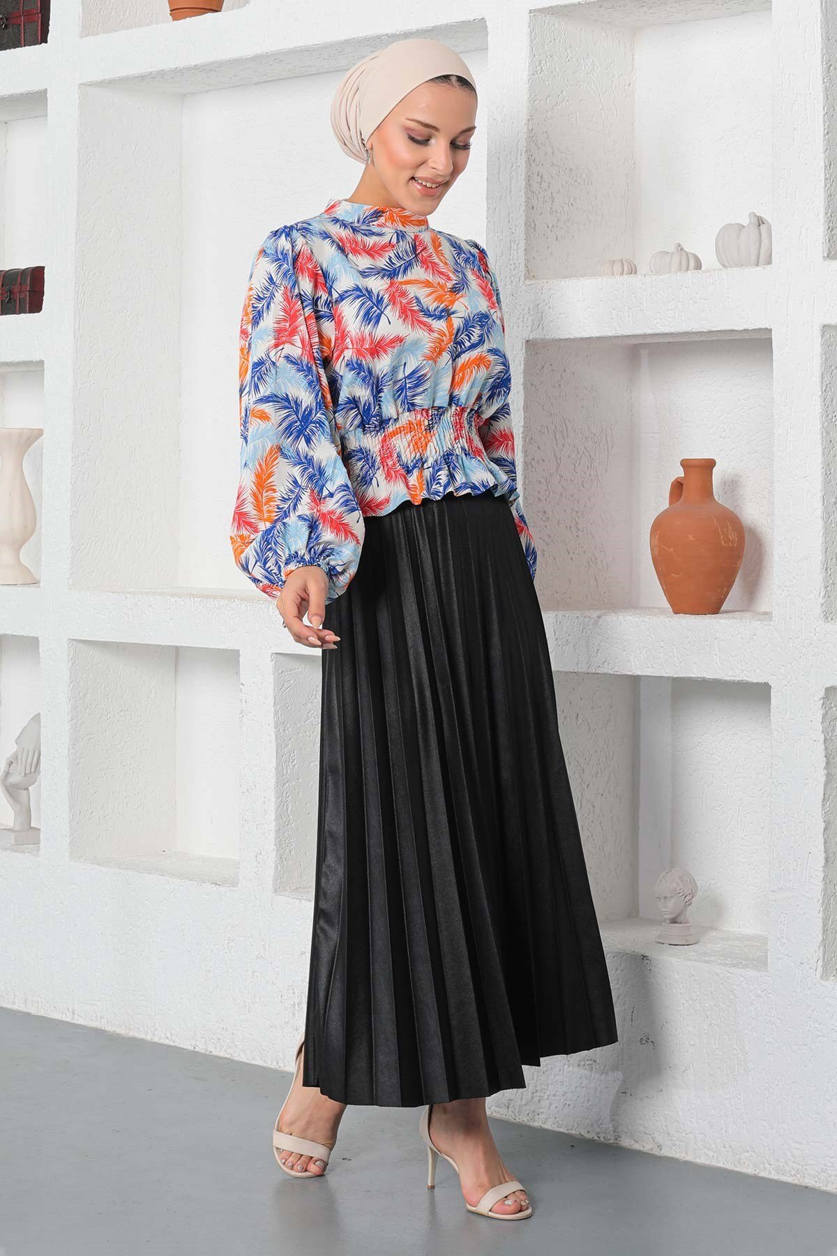 Modest Patterned Elasticated Blouse - Blue - Modamihram