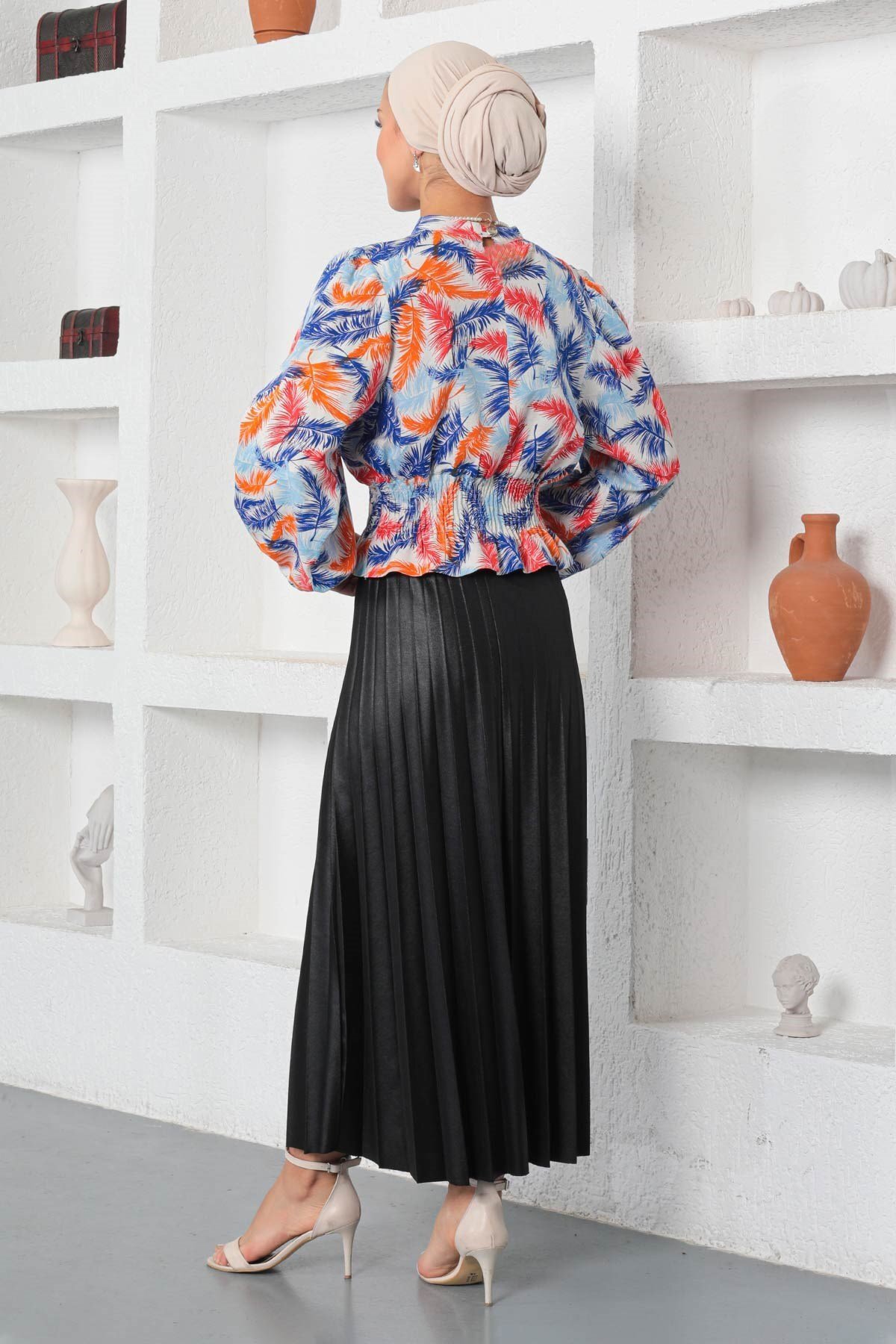 Modest Patterned Elasticated Blouse - Blue - Modamihram