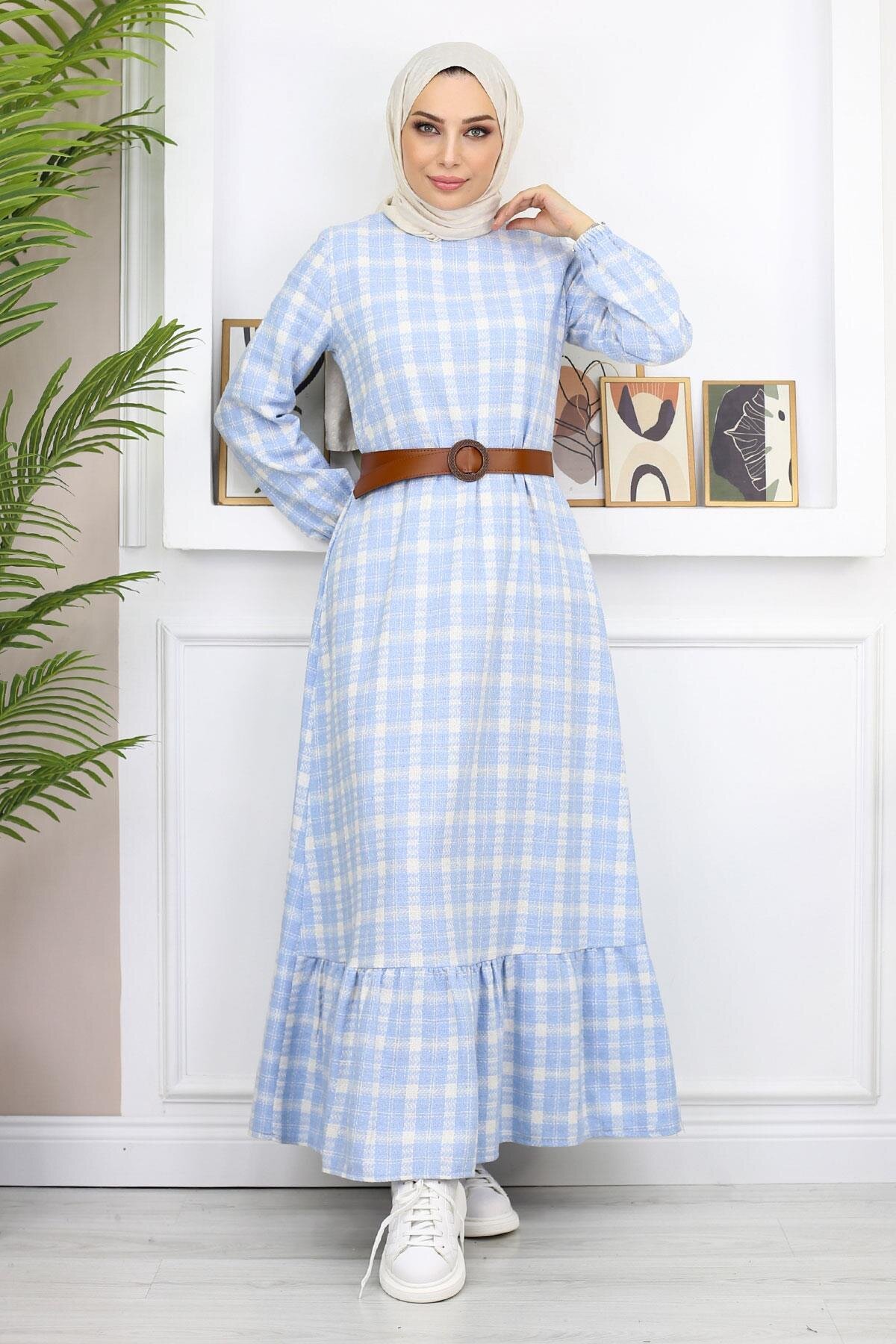 Ruffled Modest Dress - Blue - Modamihram