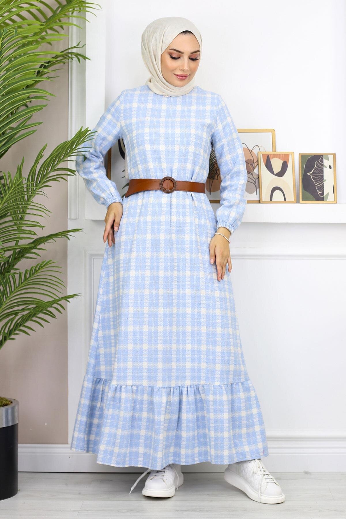 Ruffled Modest Dress - Blue - Modamihram