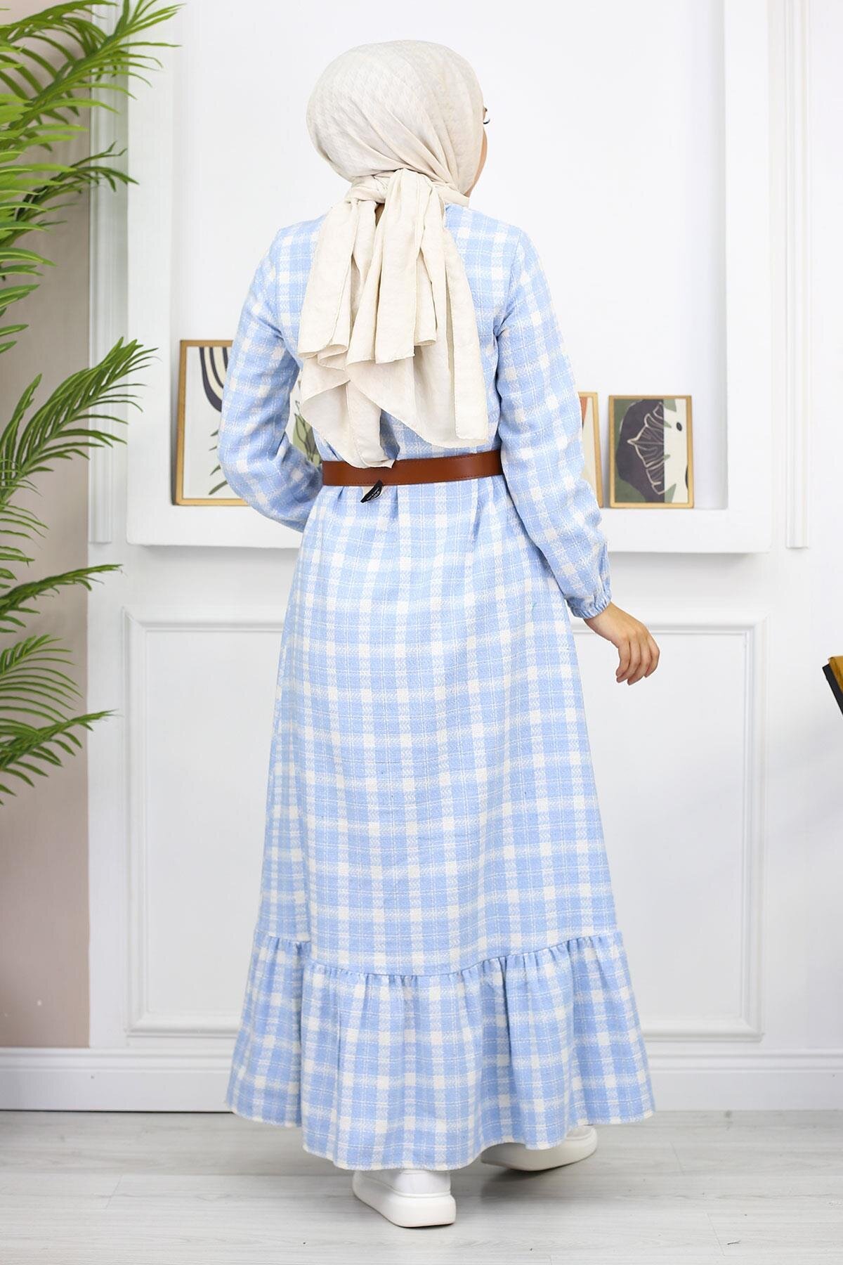 Ruffled Modest Dress - Blue - Modamihram