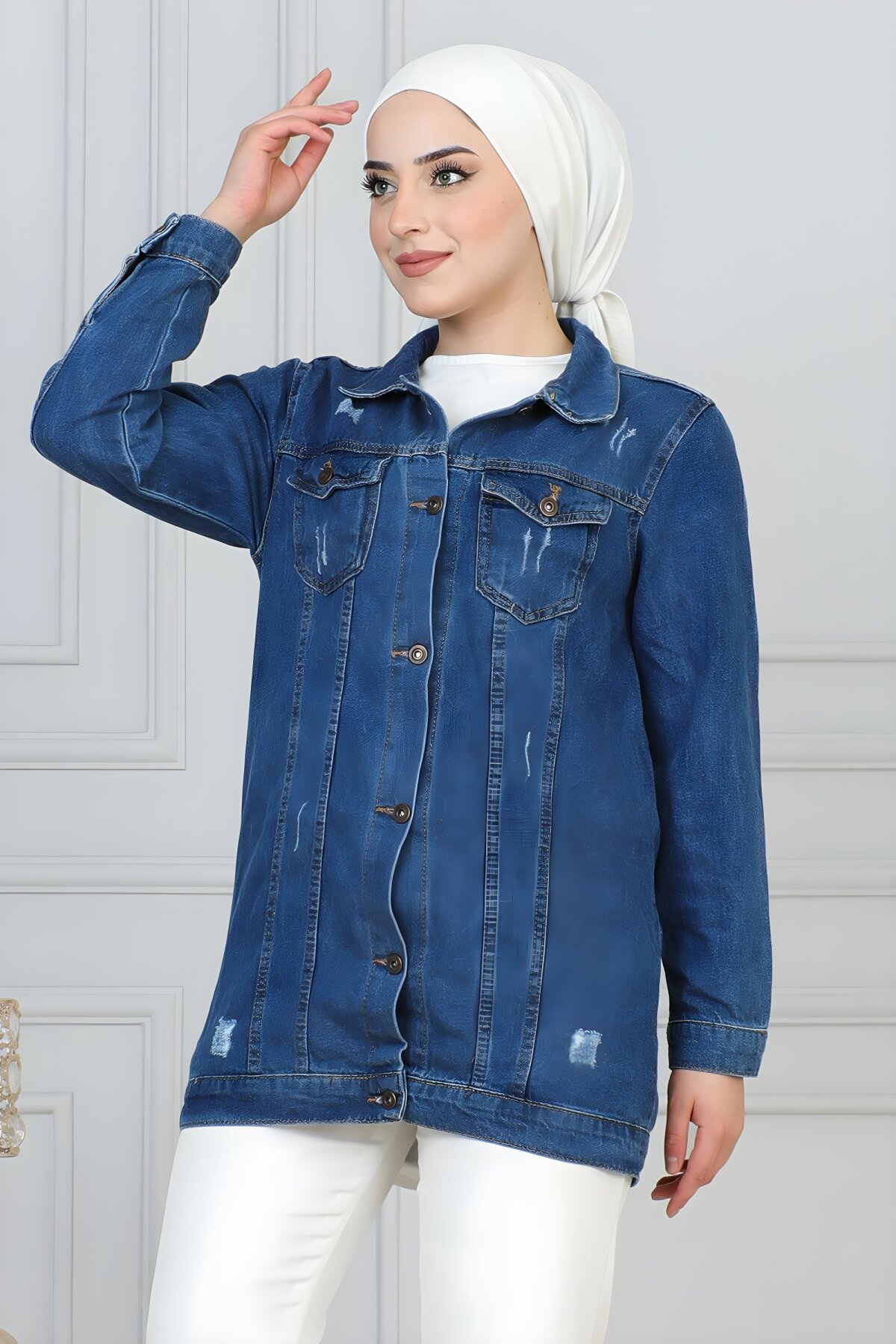 Mavi Kot Lazer Detaylı Ceket - Modamihram