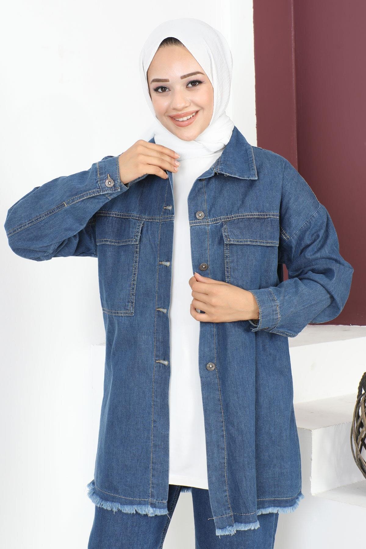 Denim Tassel-Detail Jacket - Blue - Modamihram