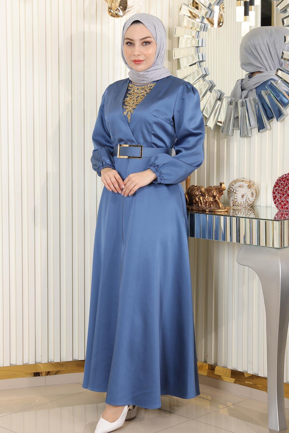 Modest Satin Stone-Detail Evening Dress - Blue - Modamihram