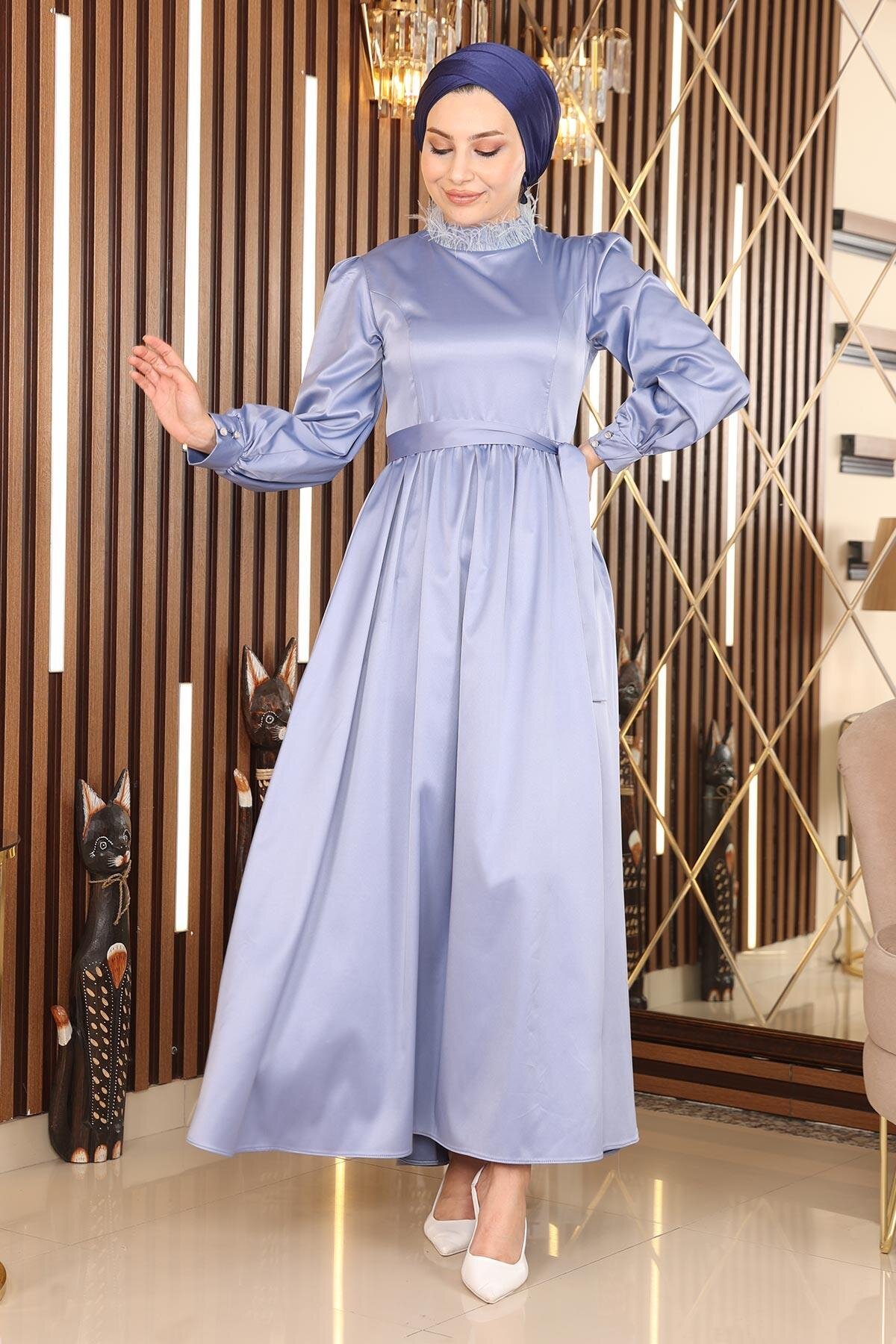 Satin Feather-Detail Modest Evening Dress - Blue - Modamihram