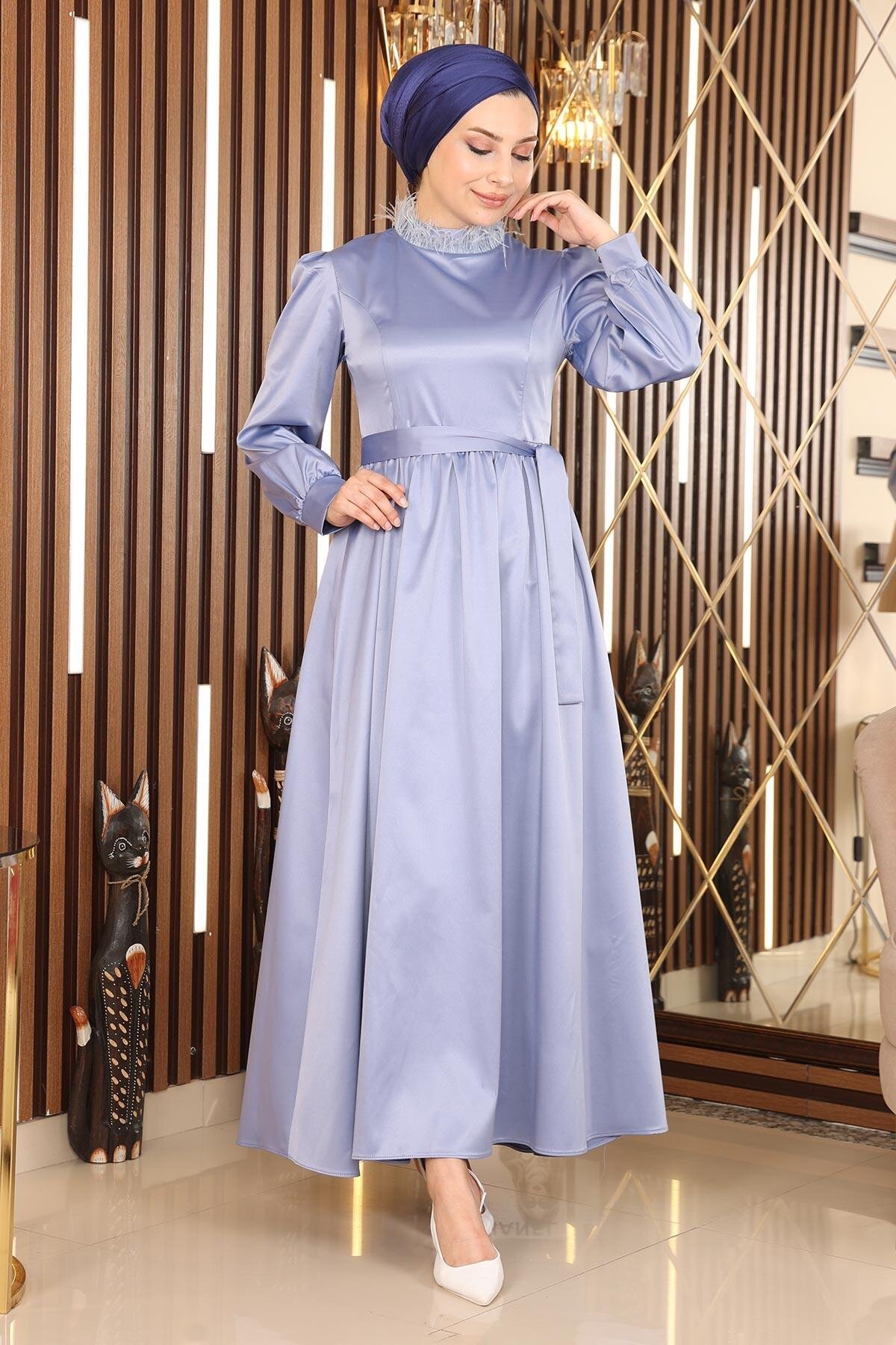 Satin Feather-Detail Modest Evening Dress - Blue - Modamihram