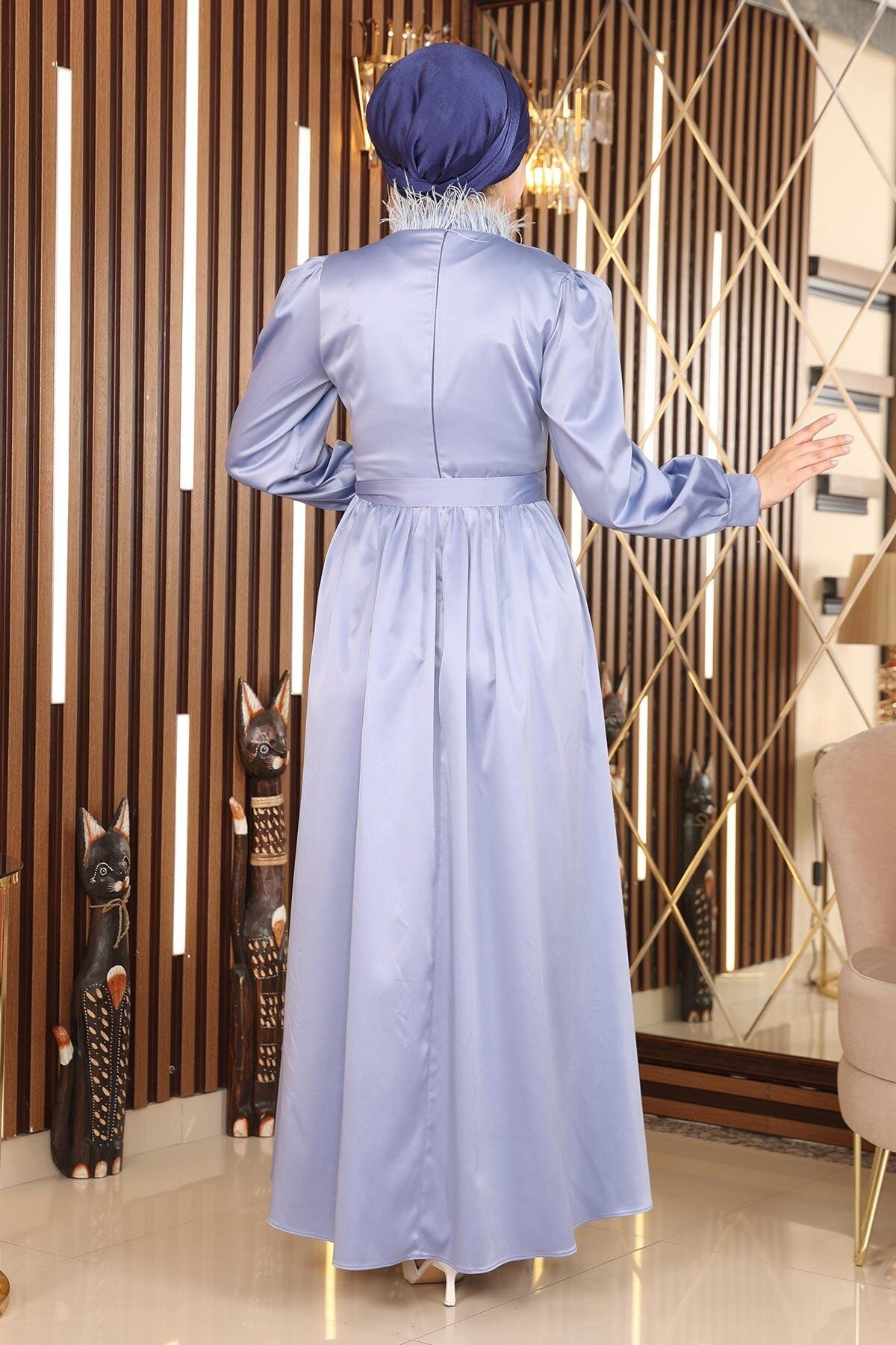 Satin Feather-Detail Modest Evening Dress - Blue - Modamihram
