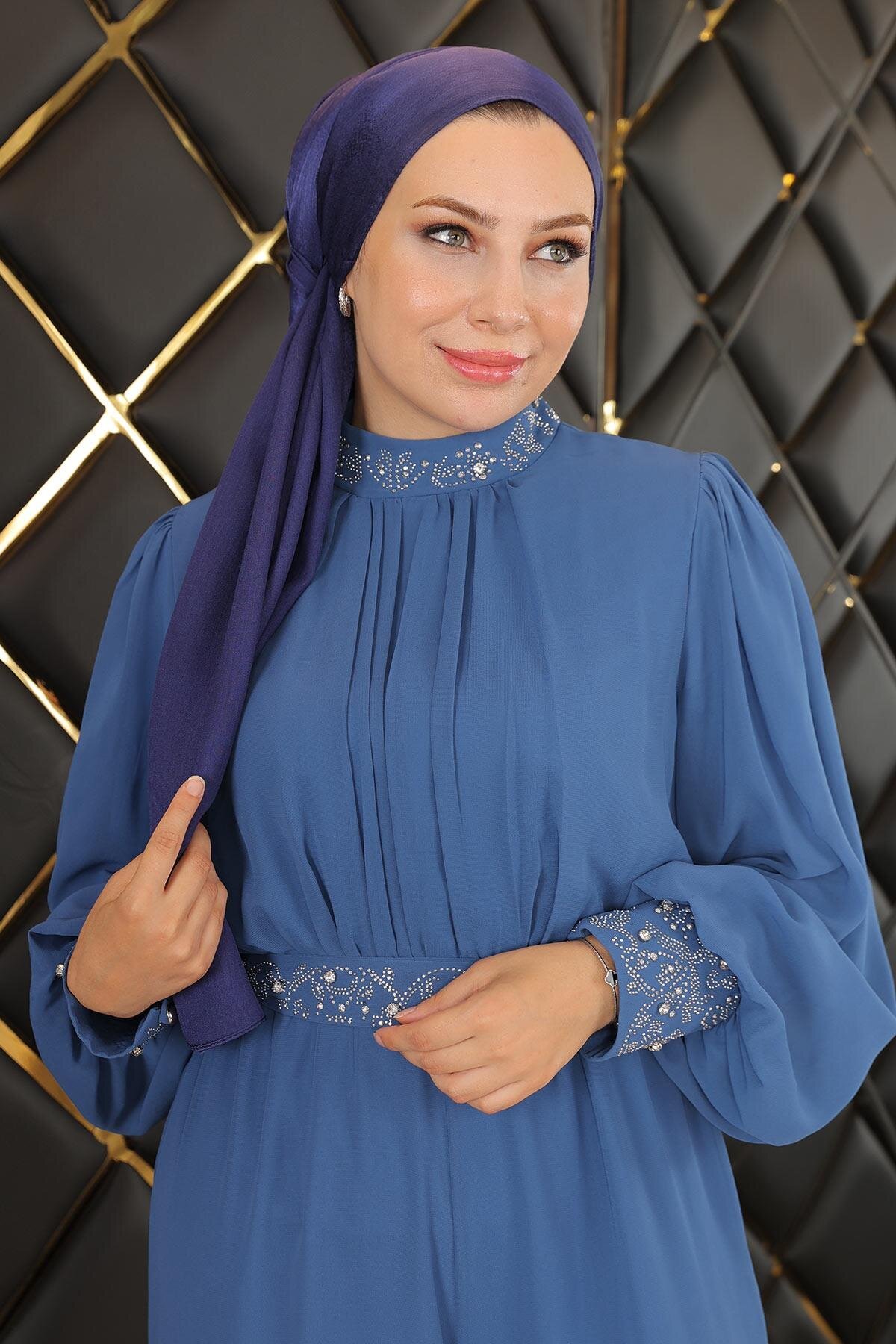 Chiffon Stone-Detail Modest Dress - Blue - Modamihram
