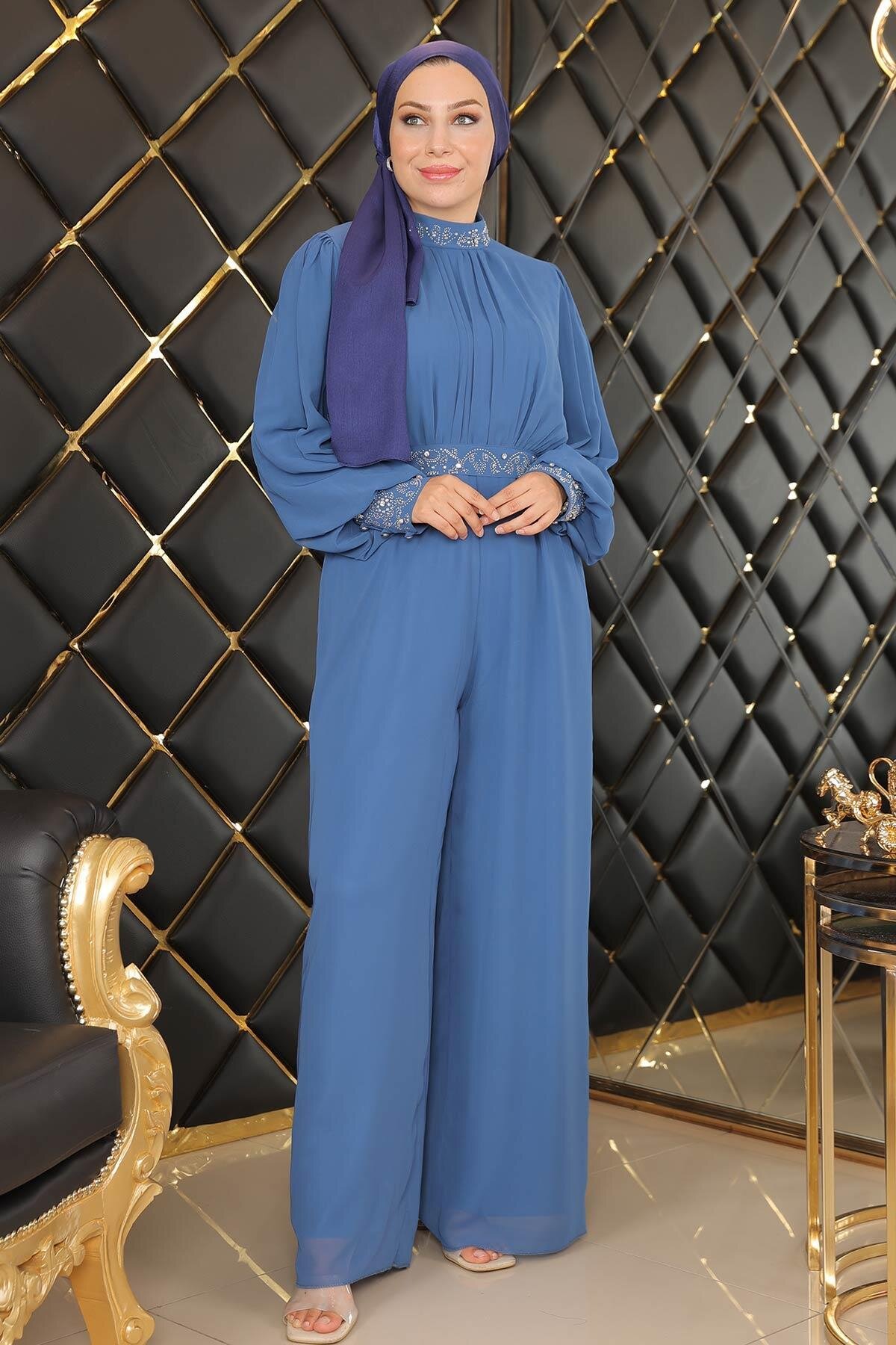 Chiffon Stone-Detail Modest Dress - Blue - Modamihram