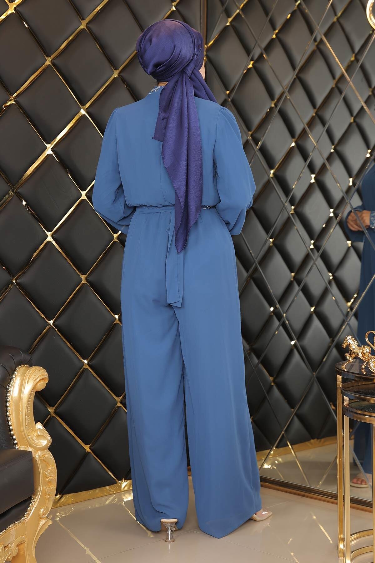 Chiffon Stone-Detail Modest Dress - Blue - Modamihram