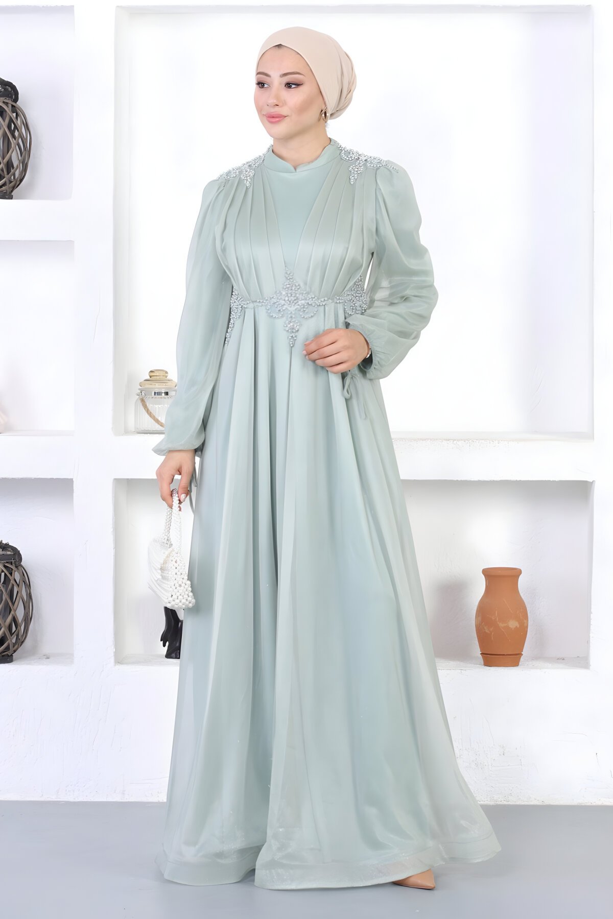 Mint İncili Simli Dantelli Tesettür Abiye Elbise - Modamihram