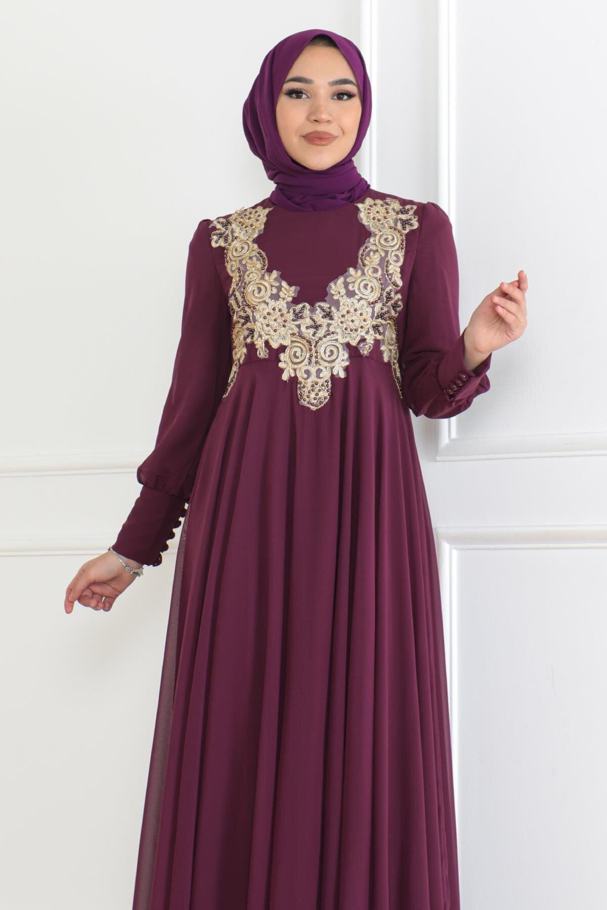 Chiffon Lace Detail Modest Evening Dress - Plum - Modamihram