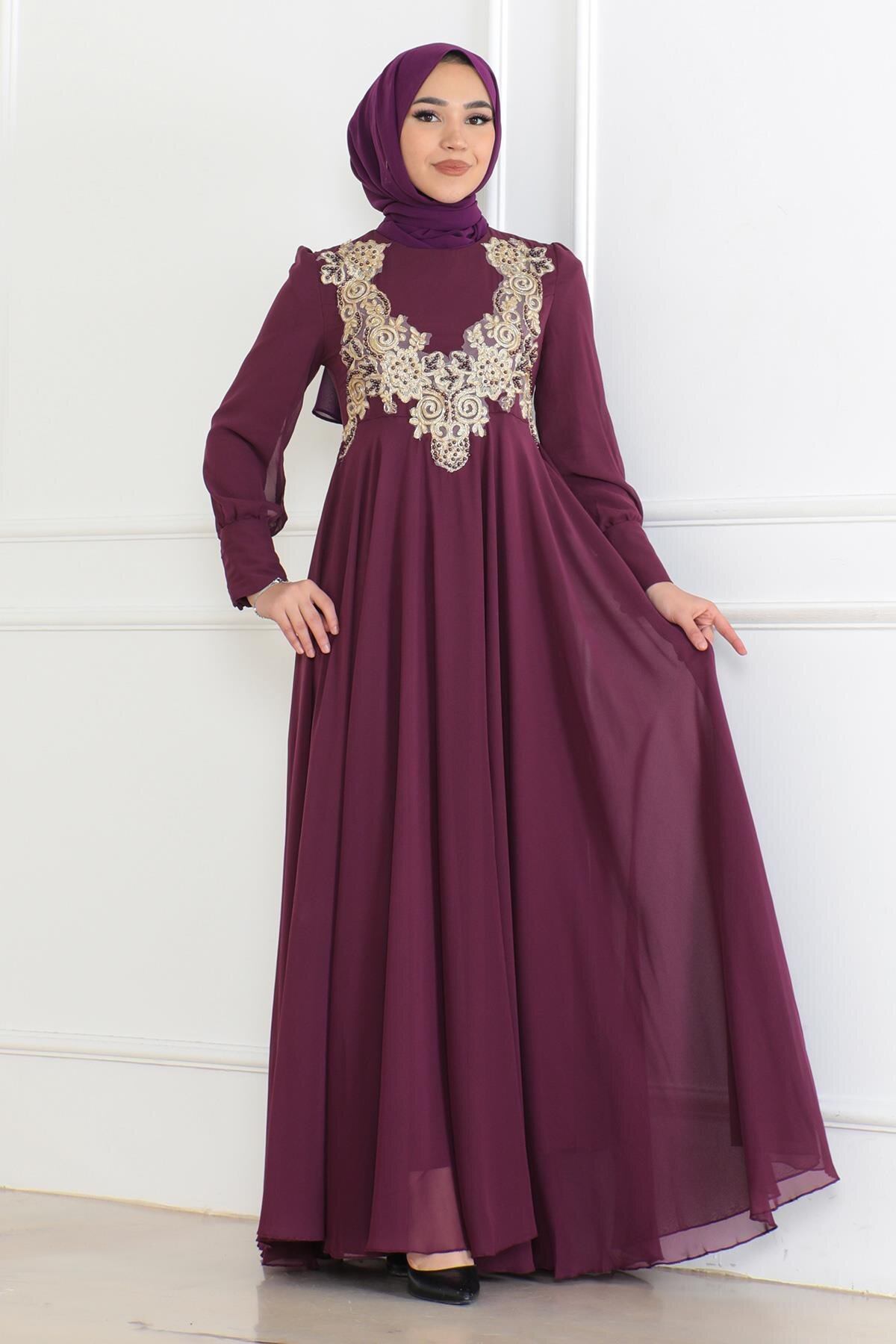 Chiffon Lace Detail Modest Evening Dress - Plum - Modamihram
