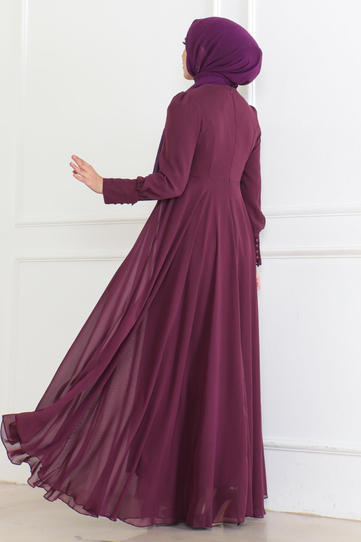 Chiffon Lace Detail Modest Evening Dress - Plum - Modamihram