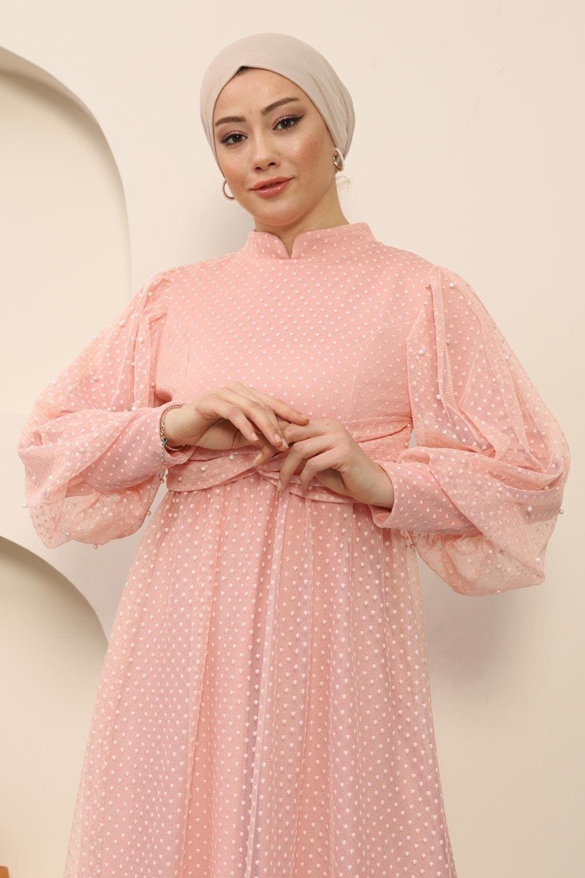 Tulle Pearl Detail Modest Evening Dress - Powder Pink - Modamihram
