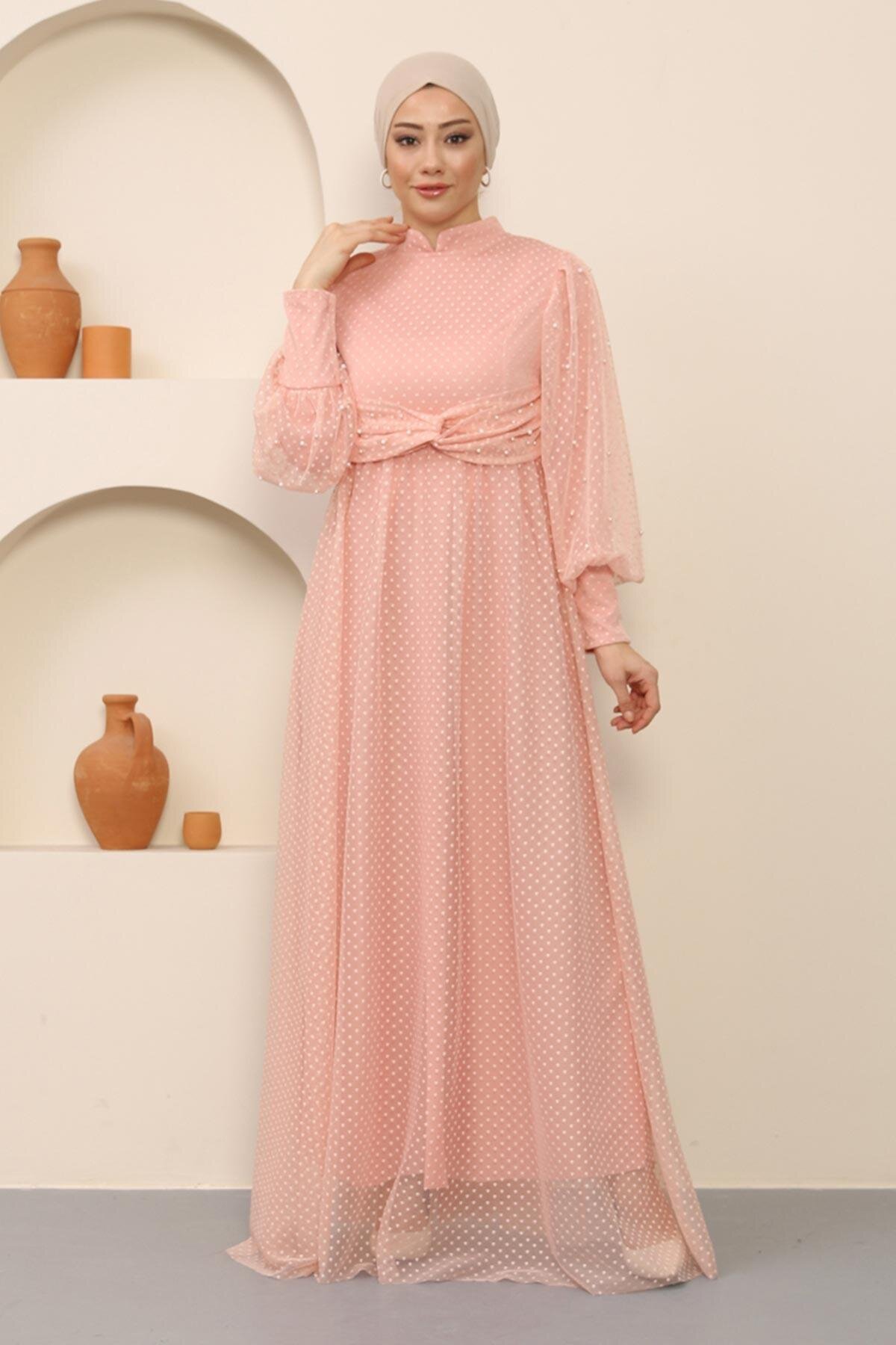 Tulle Pearl Detail Modest Evening Dress - Powder Pink - Modamihram