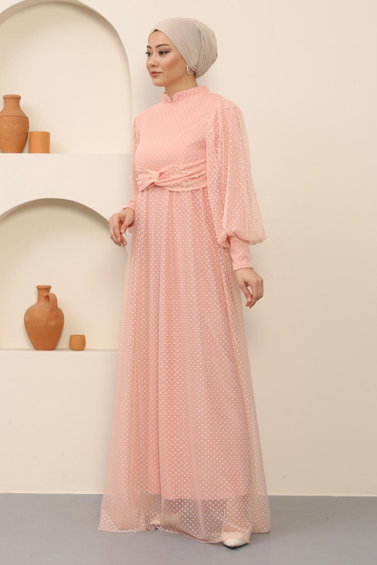 Tulle Pearl Detail Modest Evening Dress - Powder Pink - Modamihram