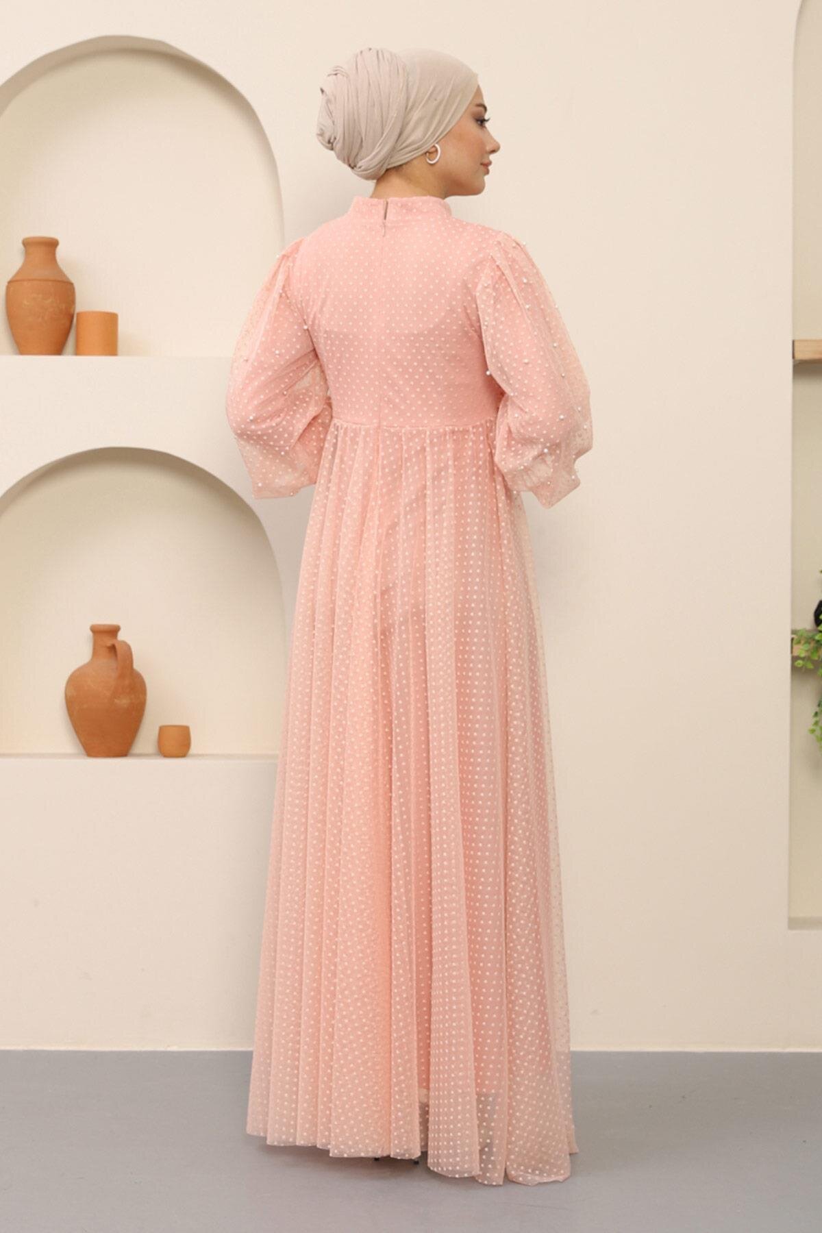 Tulle Pearl Detail Modest Evening Dress - Powder Pink - Modamihram