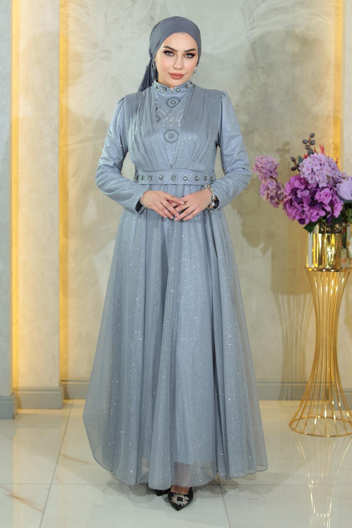 Draped Shimmery Chiffon Stone-Detail Modest Evening Dress - Silver - Modamihram