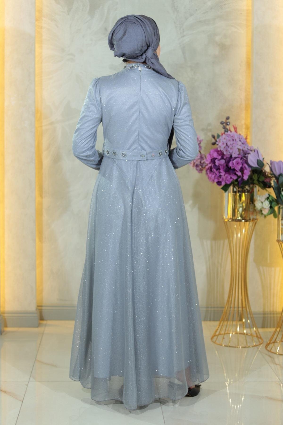 Draped Shimmery Chiffon Stone-Detail Modest Evening Dress - Silver - Modamihram