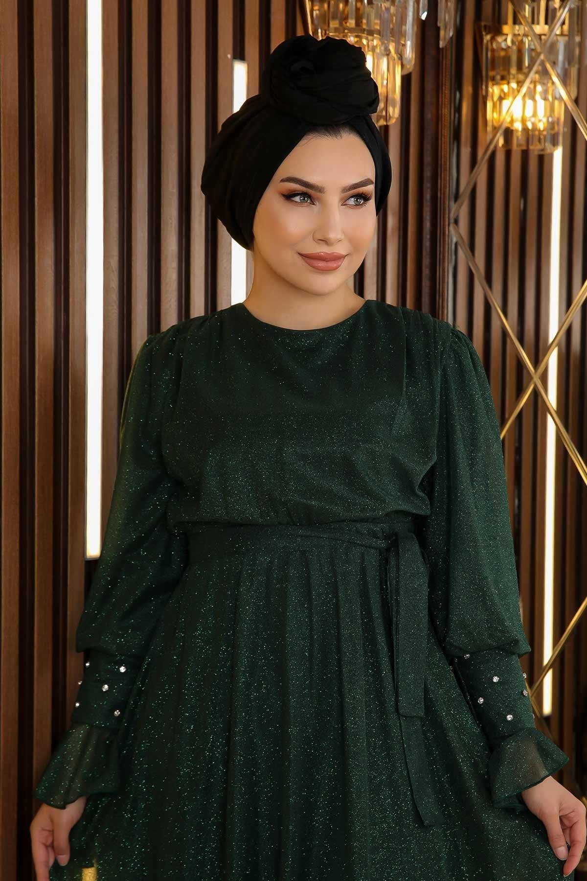 Simli Şifon Zümrüt Taş Detaylı Tesettür Abiye Elbise - Modamihram
