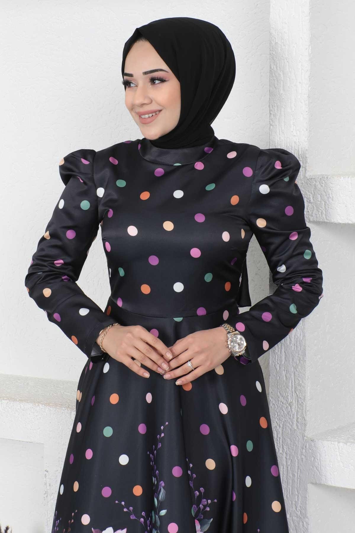 Modest Floral Polka Dot Satin Evening Dress - Black - Modamihram